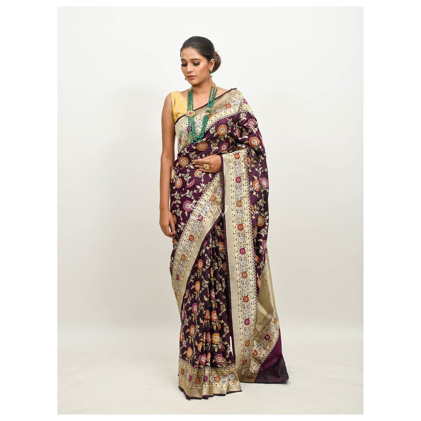 Wine Meenakari Katan Silk Handloom Banarasi Saree,Colour - Gorgeous Wine Weight - 1.054 kg