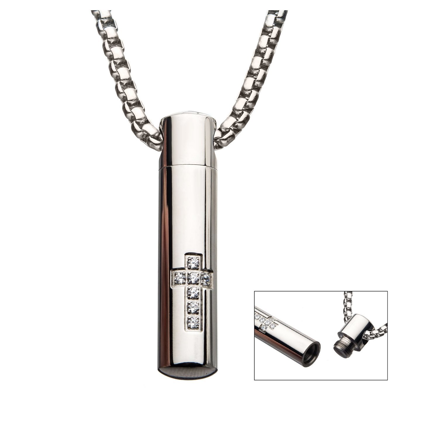 Silver Stainless Steel Memorial Religious Cross White CZ Pendant with Chain Chain Length: 22 Inches