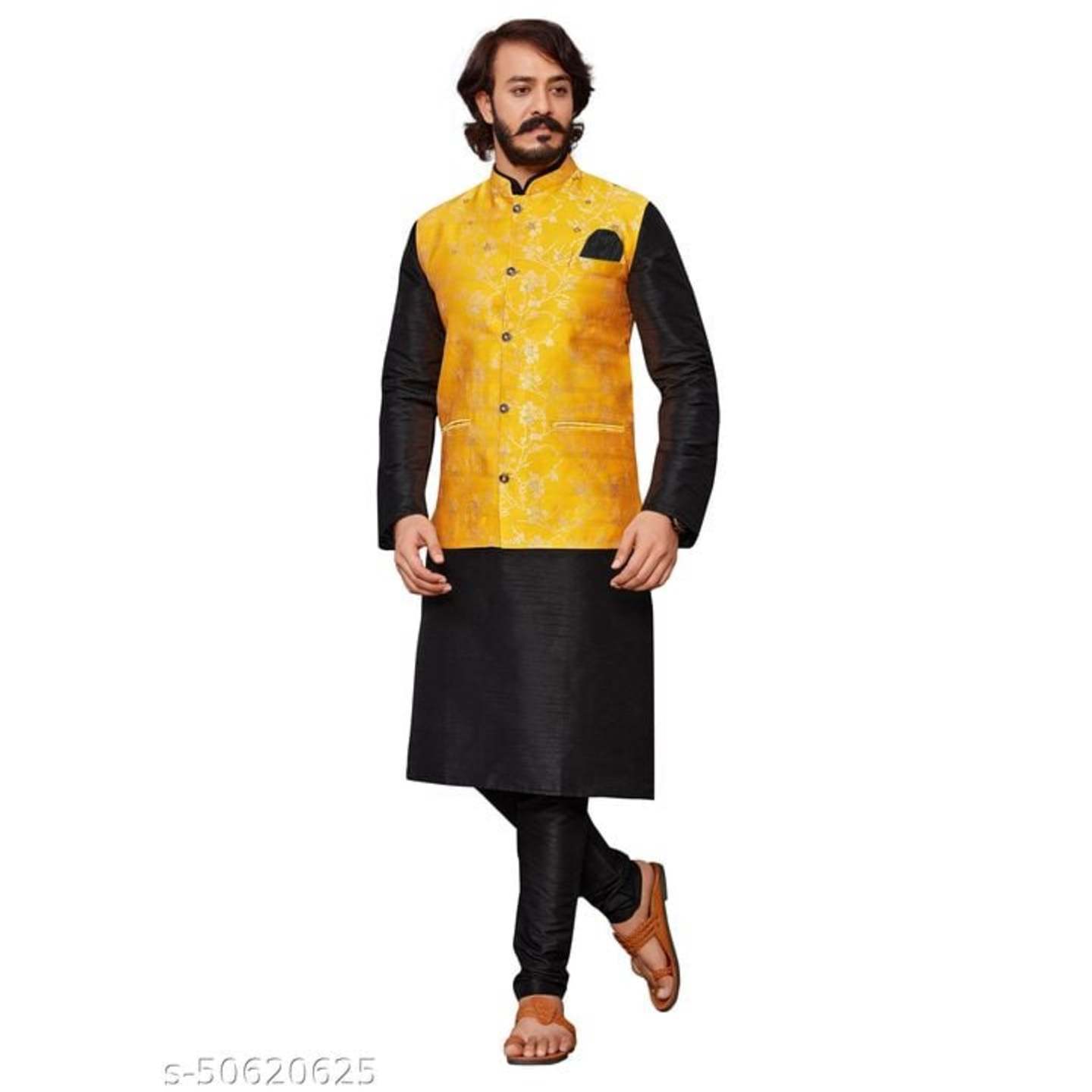 Men Cotton Silk Kurta Pajama with Jacket (Koti) Set