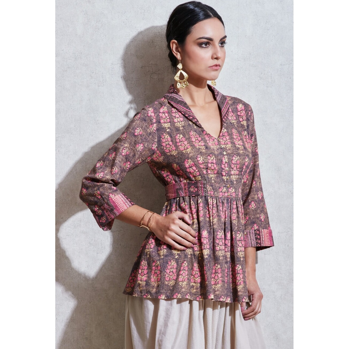 Brown Printed Kurti with Tie Up