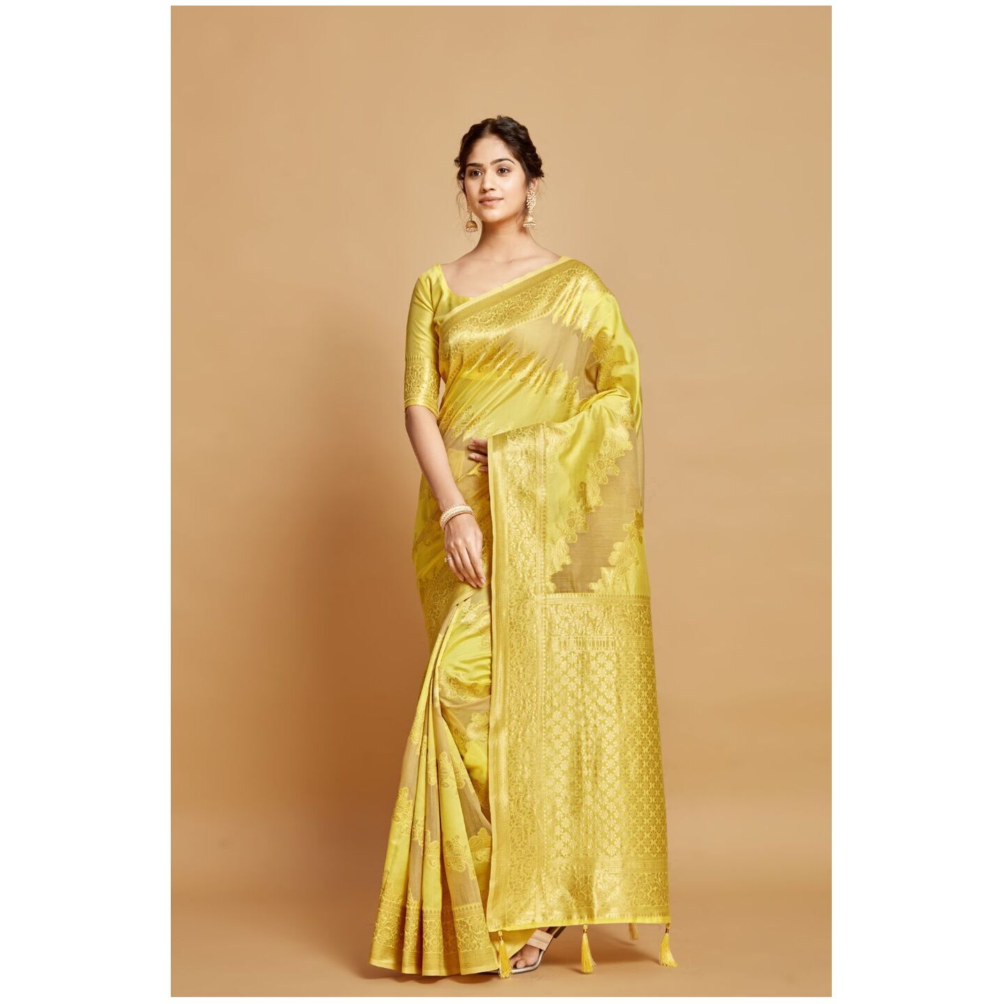 YELLOW LINEN JAMDANI BANARASI SAREE 