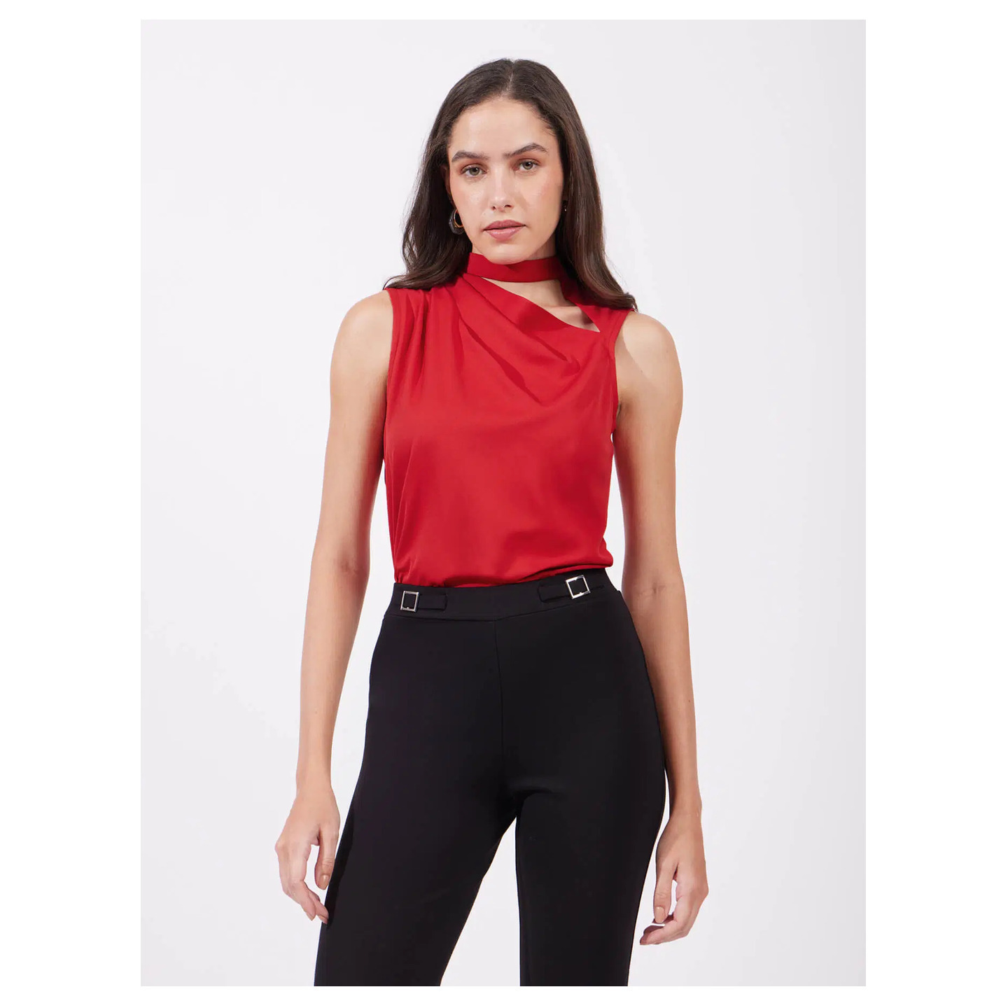 High Neck Cutout Detail Top - Red 