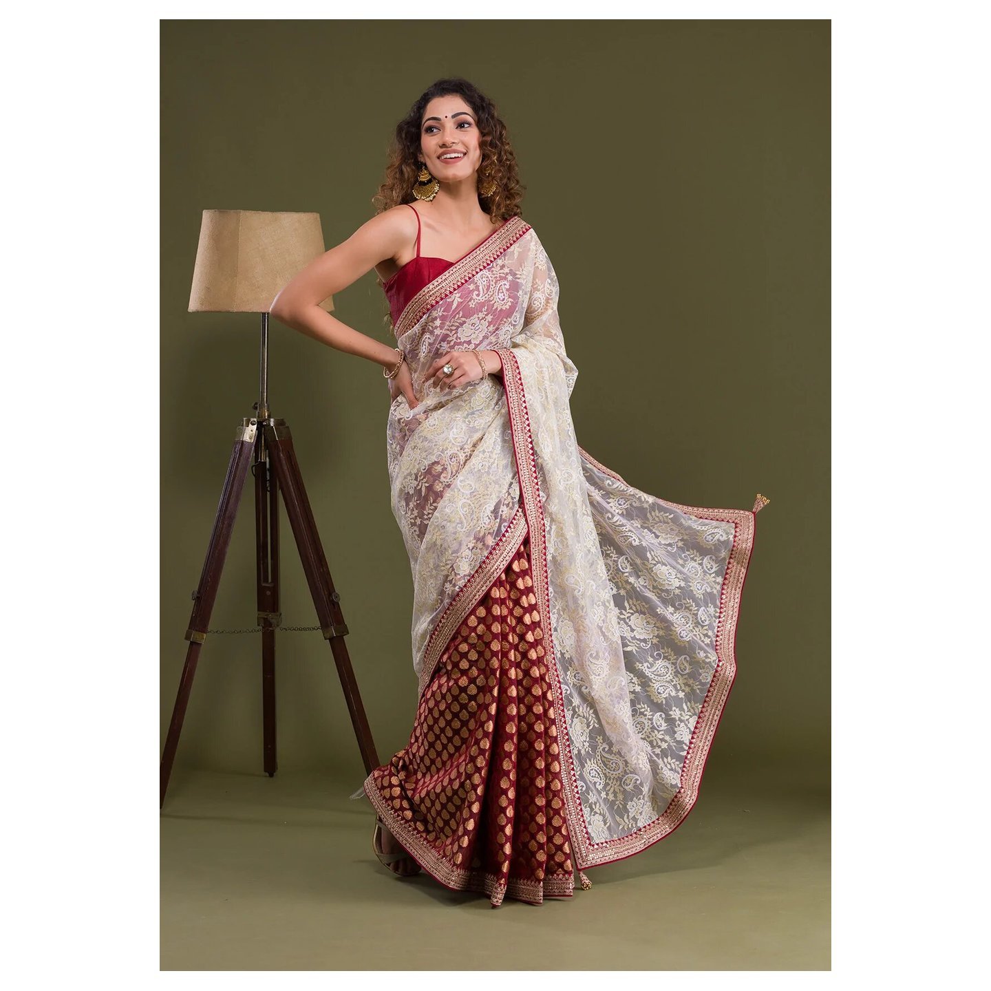 Maroon Zariwork Net Saree