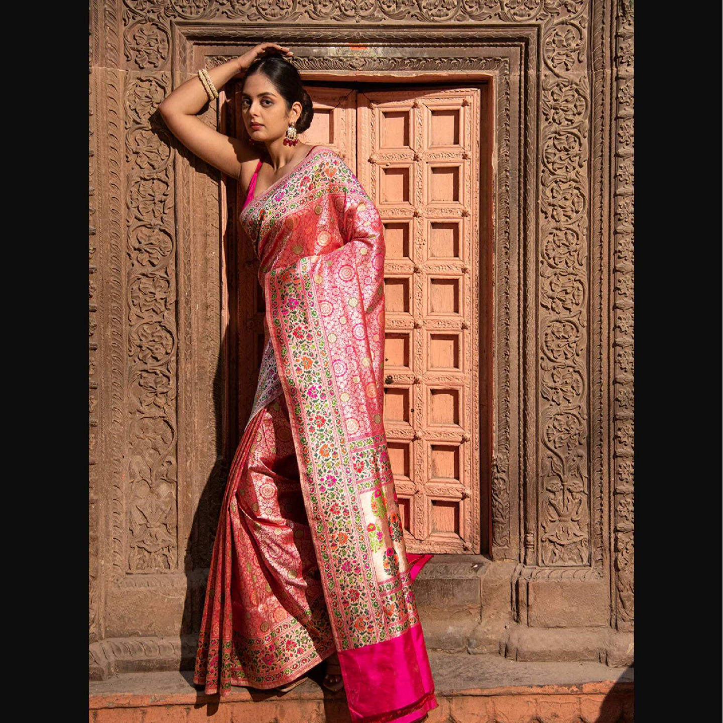 Pink Brocade Meenakari Katan Silk Handloom Banarasi Saree Size-Free Size