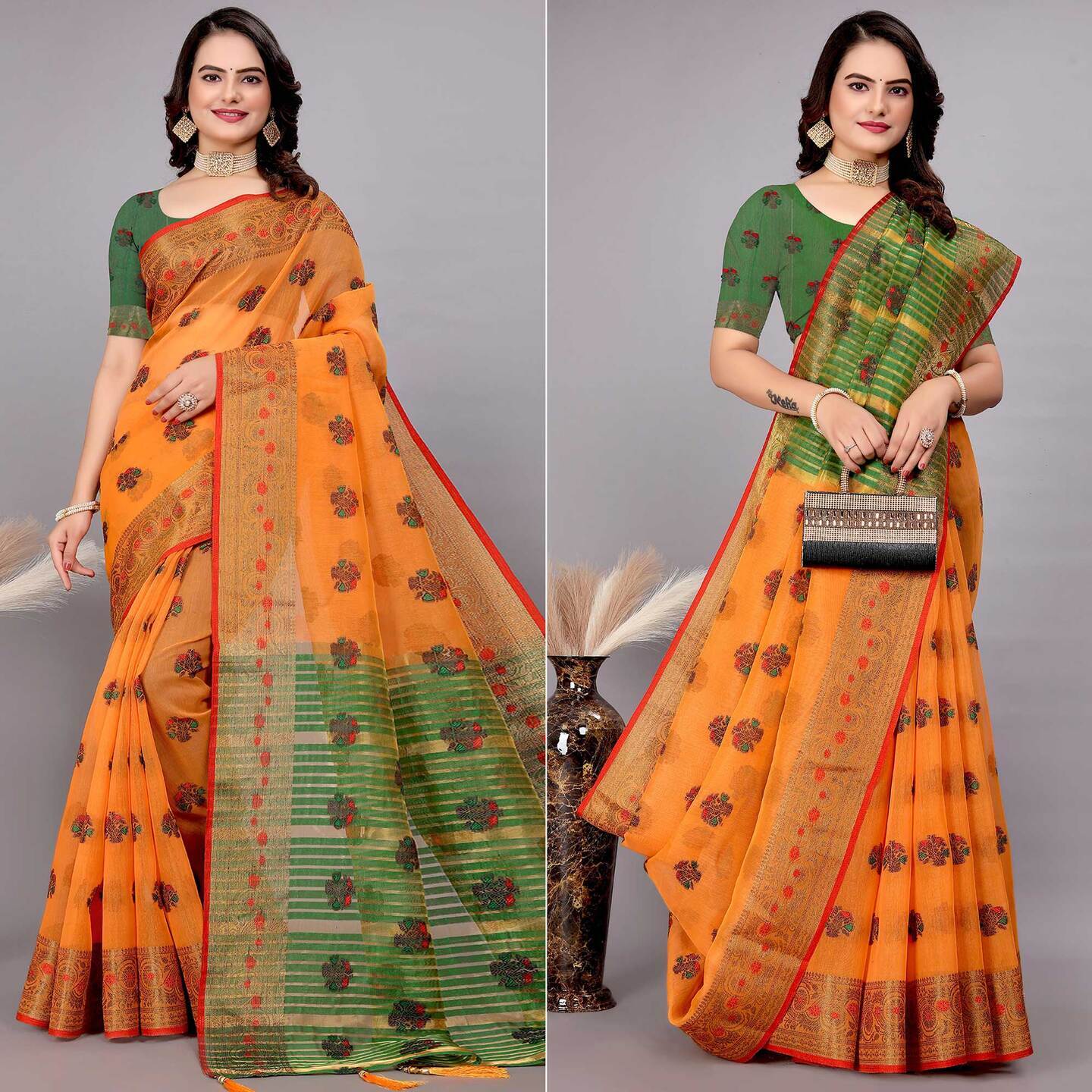 Orange Floral Woven Cotton Silk Saree With Tassels