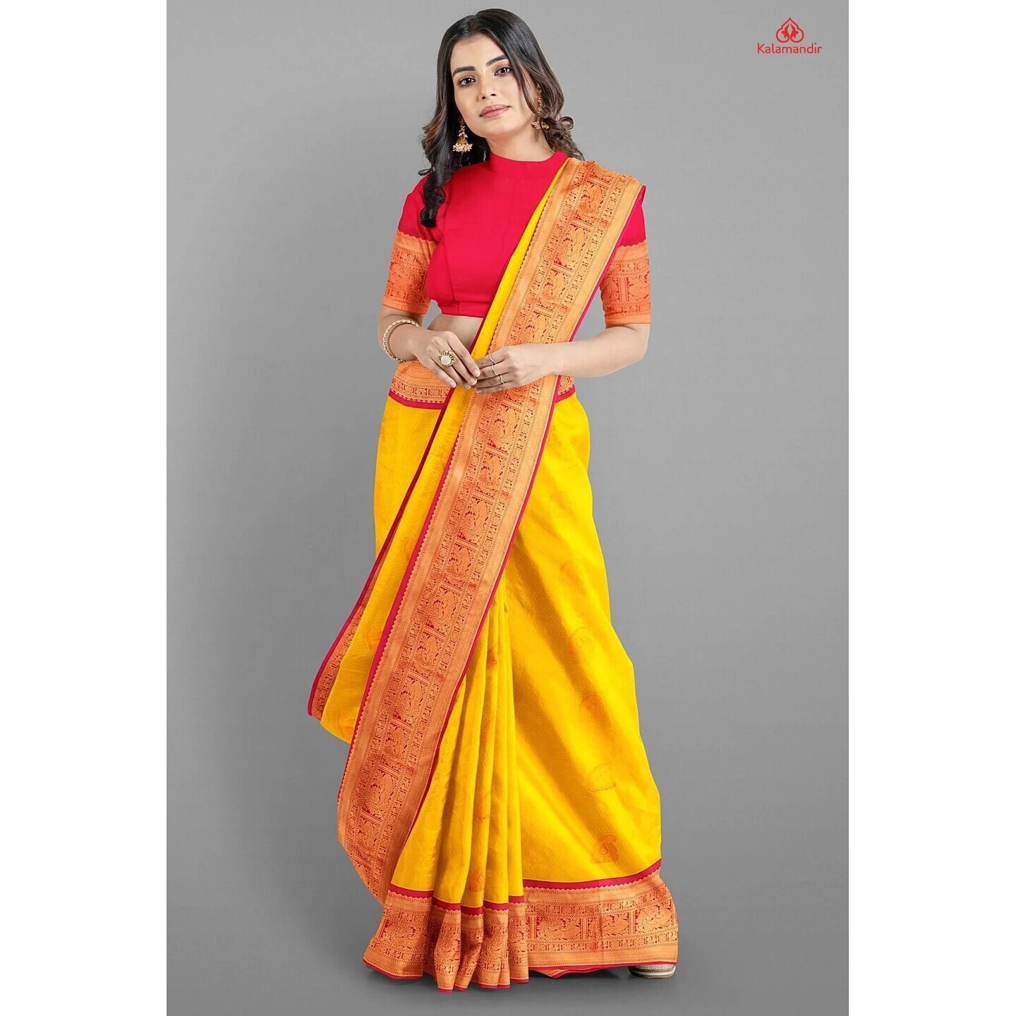 MUSTARD and PINK BUTTIS SEMI SILK Saree with SEMI KANCHIPURAM