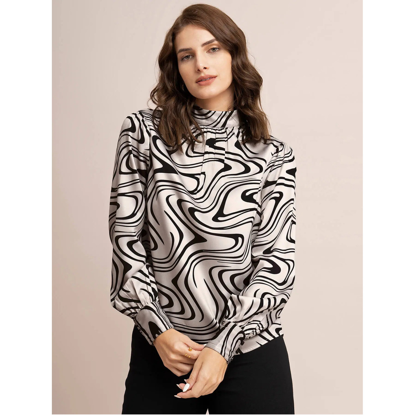 Satin Abstract Print Top - Beige And Black 