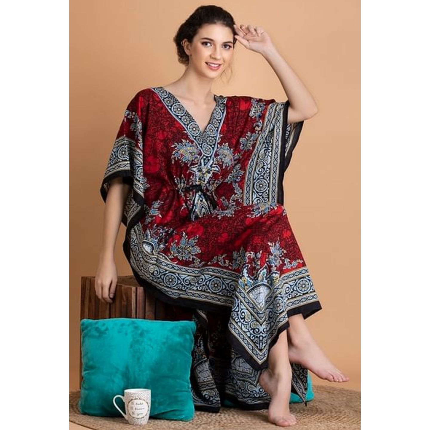 Print Me Pretty Long Kaftan in Red - Crepe