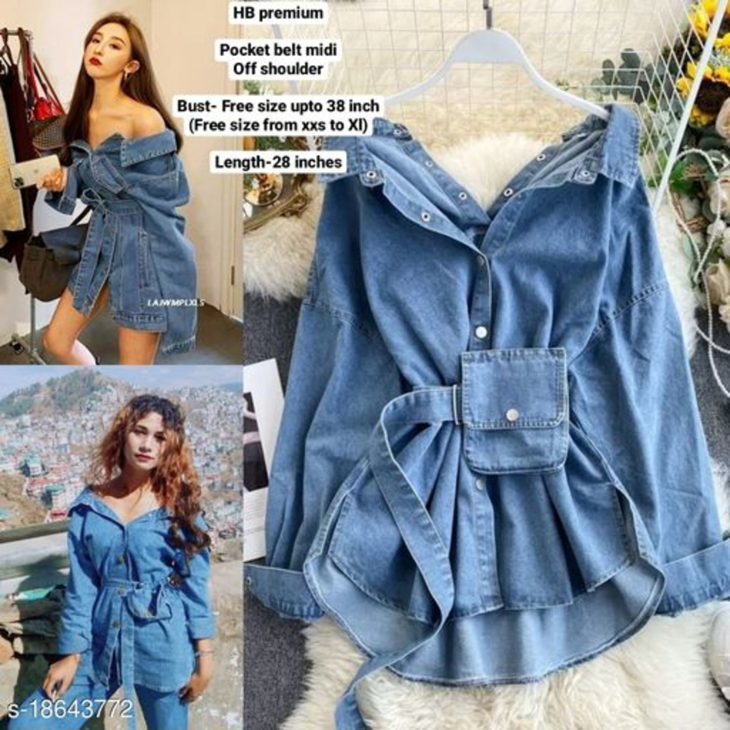 Denim pocket belt midi / long top by High-Buy- free size( 28 to 38)(XXS to L)