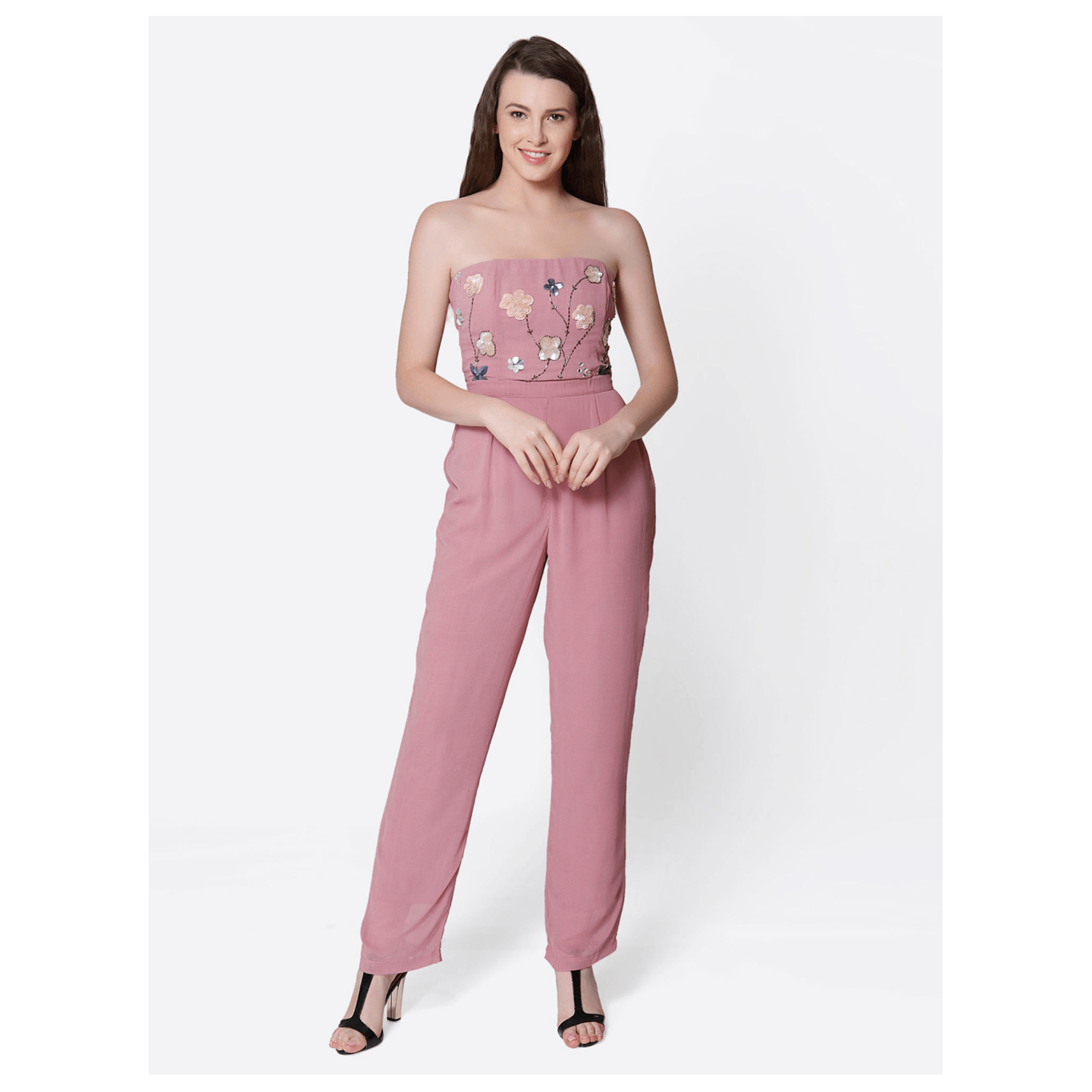 Aalia-Rose Gold Off Shoulder Embellished And Sequined Jumpsuit