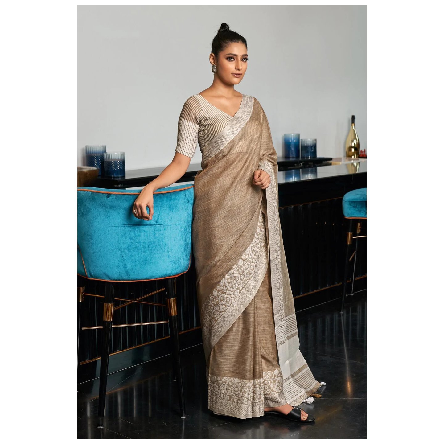 Women's Beige Linen Woven Work Traditional Tassel Saree 