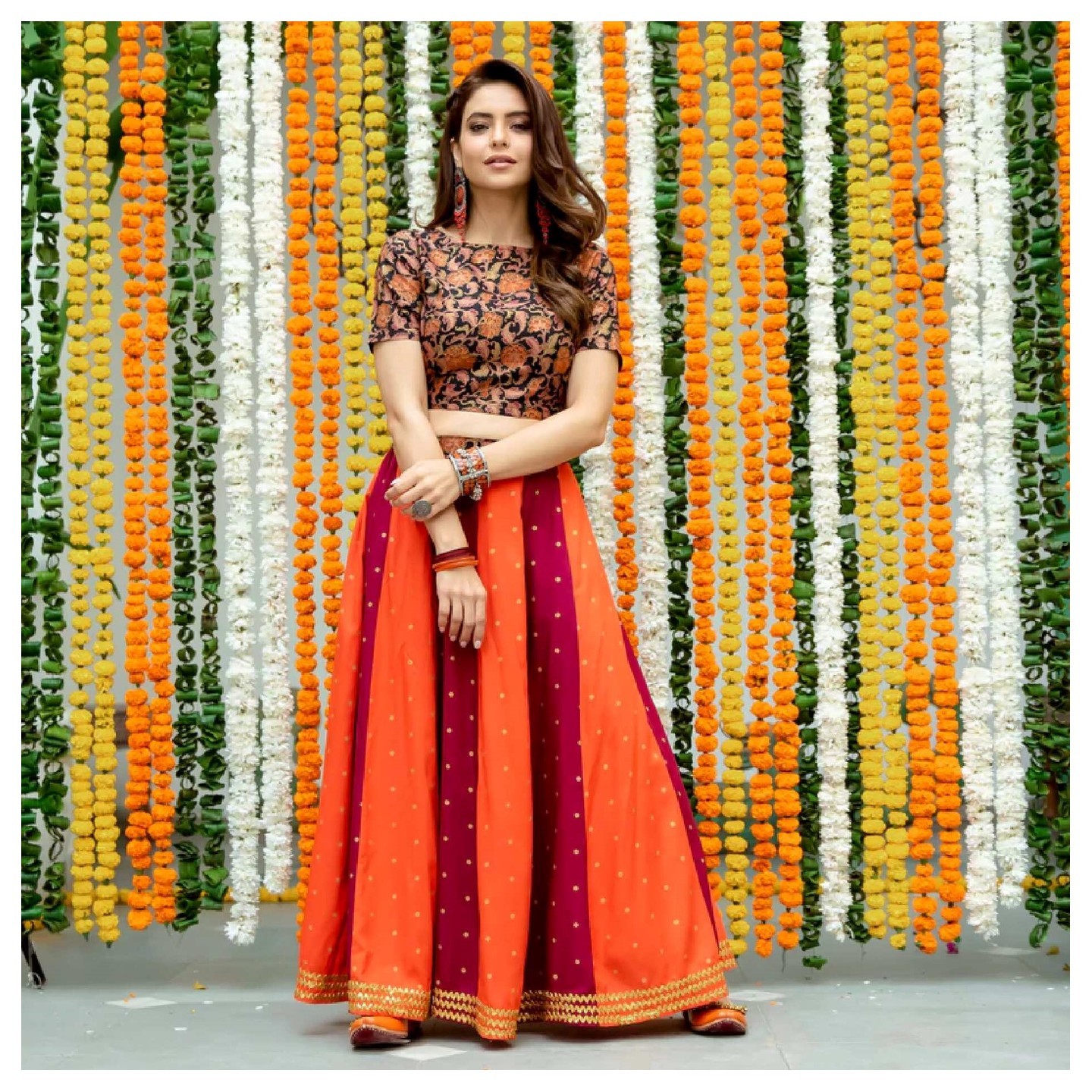 Maroon & Rust Polka & Jaal Festive Lehenga Crop Top Set