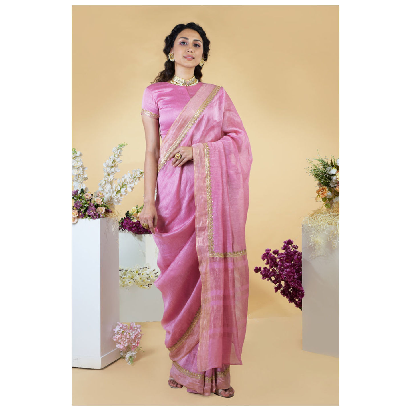 Withered Rose Hand Embroidered Linen Silk Saree