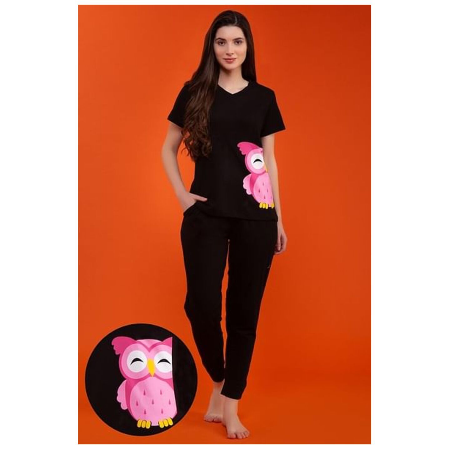 Owl Print Top & Pyjama in Black - 100% Cotton 