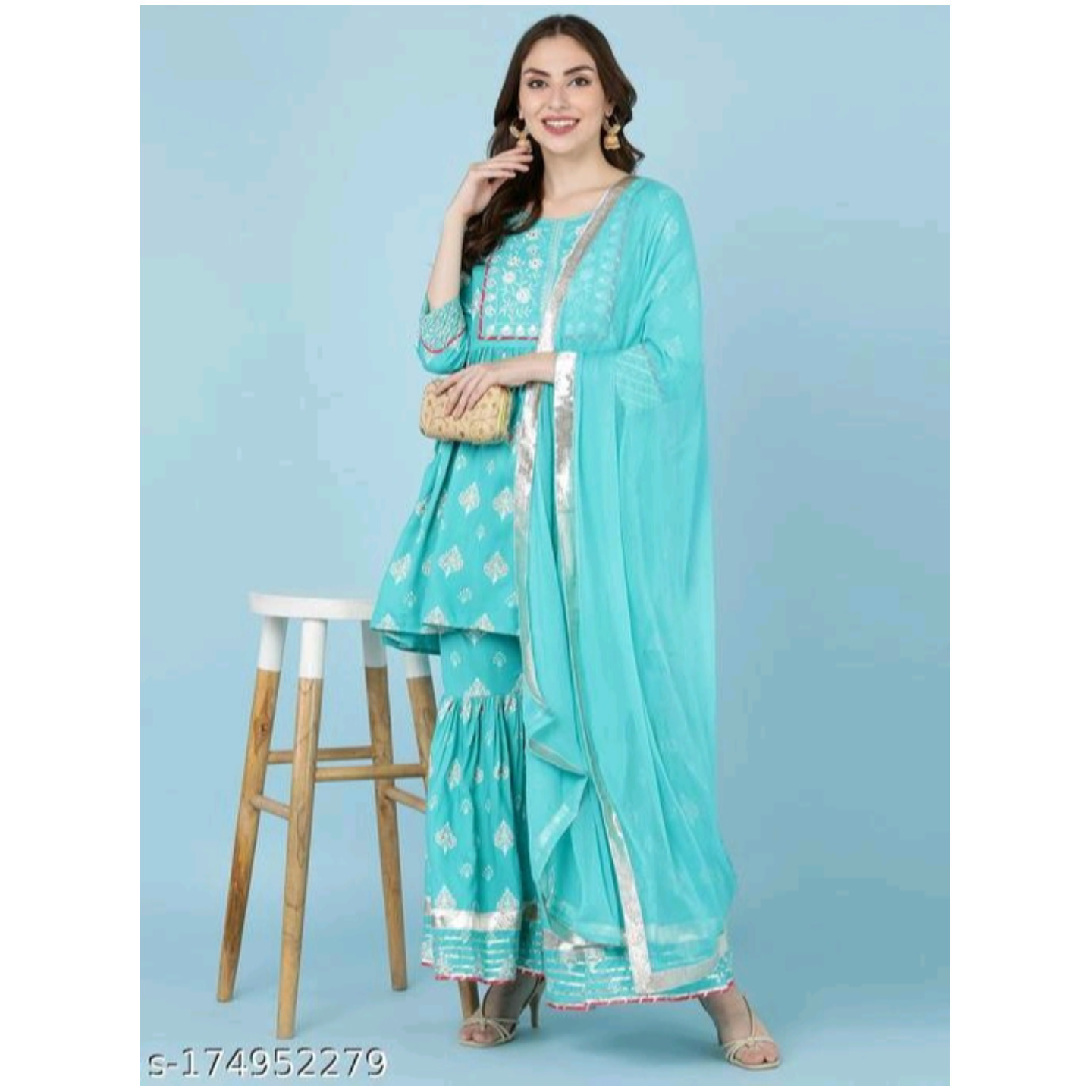 Attractive Women's Gulabi Leaf Jaipuri Embroidered with Sharara and Dupatta