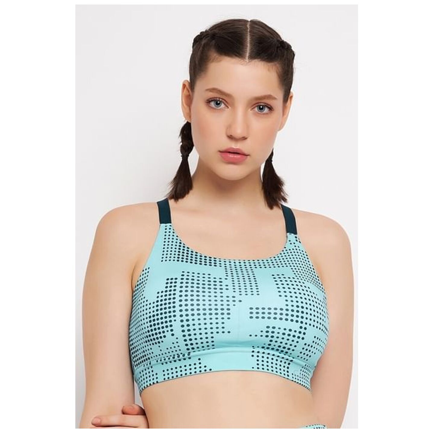 Medium Impact Padded Printed Sports Bra in Sky Blue with Removable Cups