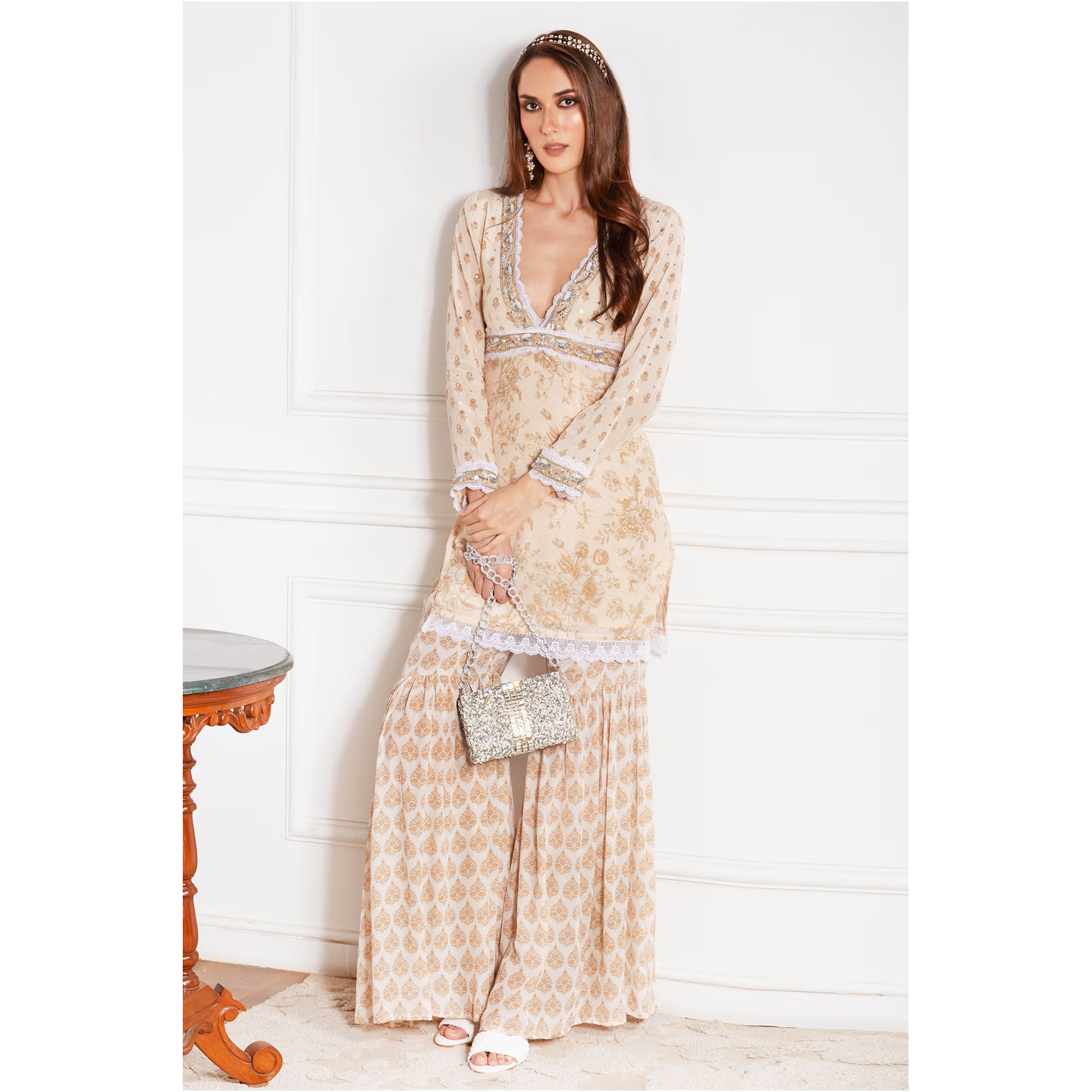 Beige Crepe Printed Kurta And Sharara Set Sakshi Girri