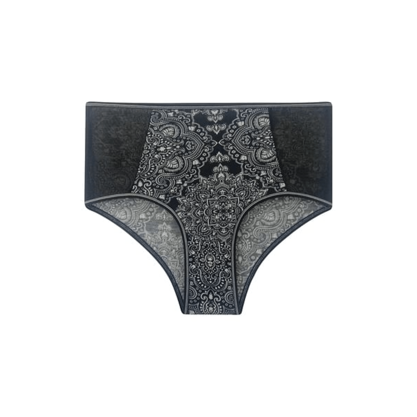 High Waist Printed Hipster Panty in Black with Powernet Panels - Cotton