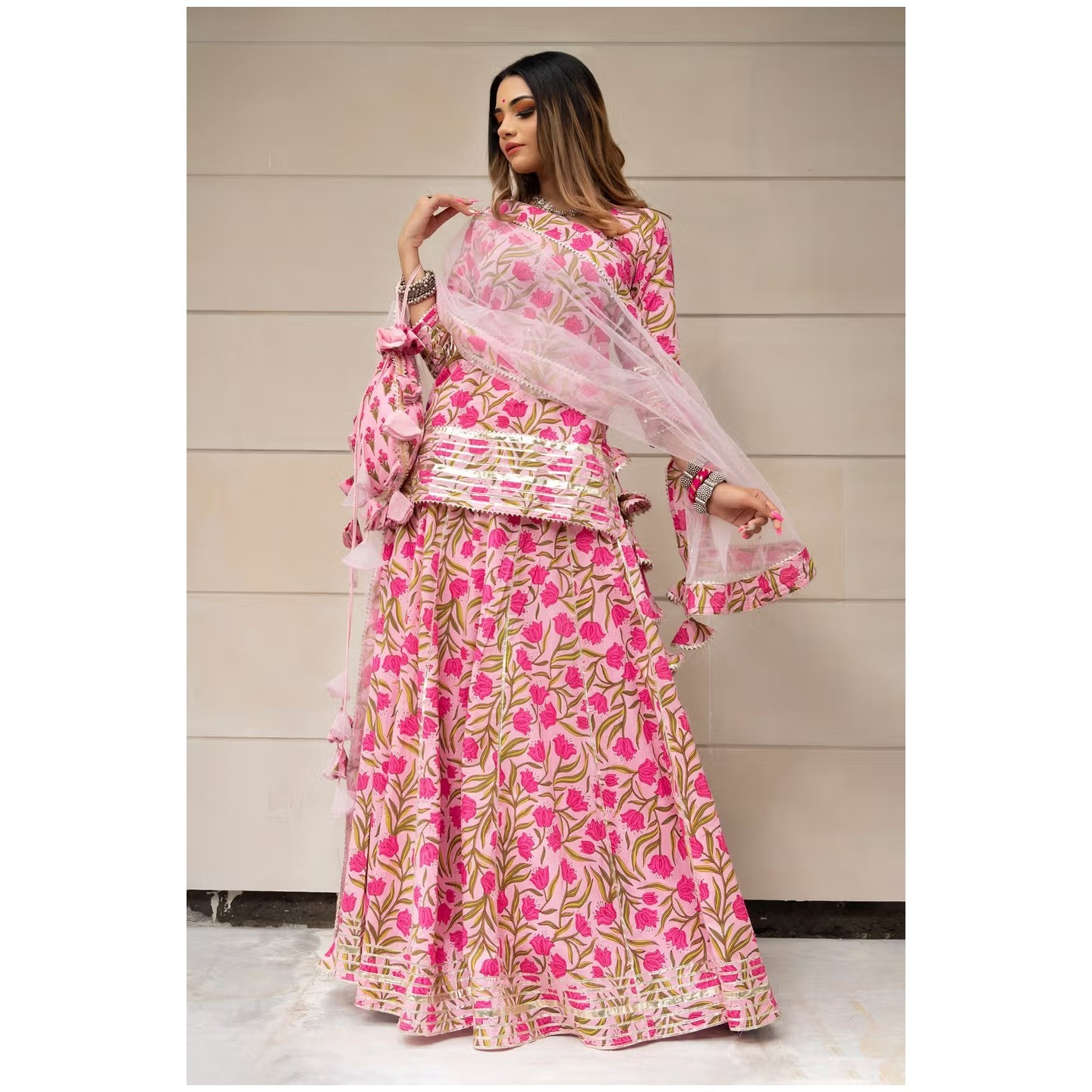 Pomcha Jaipur Pink Soft Net Hand Block Print Skirt Kurta Set 