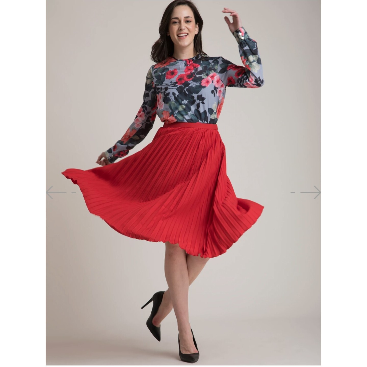 Pleated Flared Midi Skirt Red