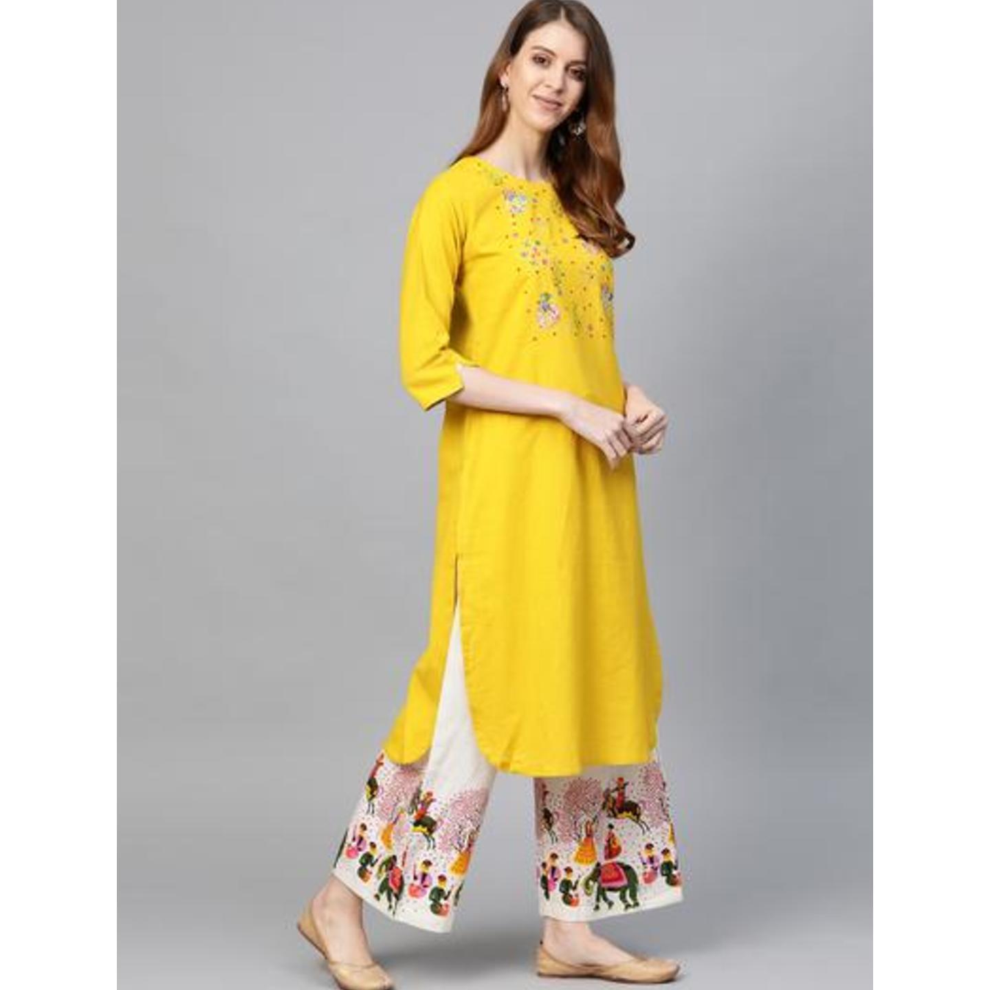 Women's Mustard Yellow Yoke Design Kurta with Palazzos - Anubhutee