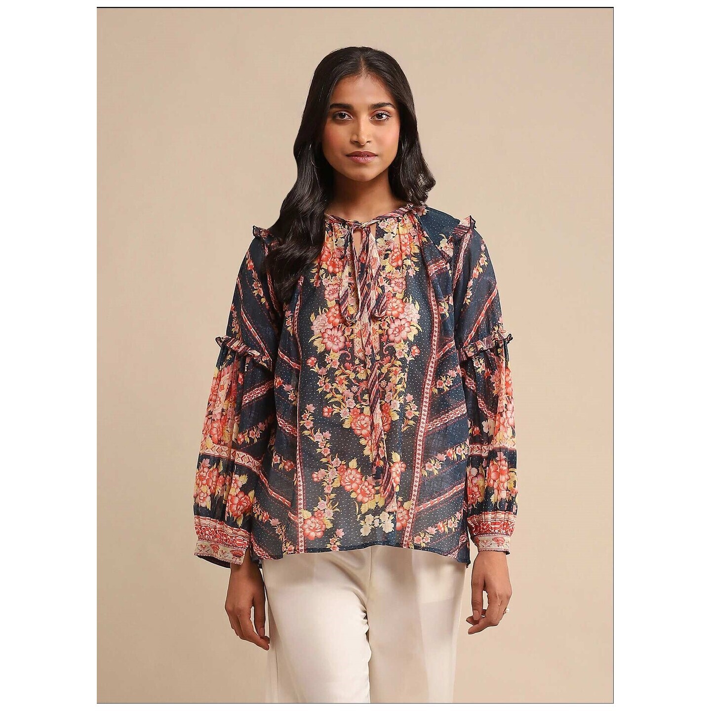 Navy Floral Print Viscose Silk Kurti