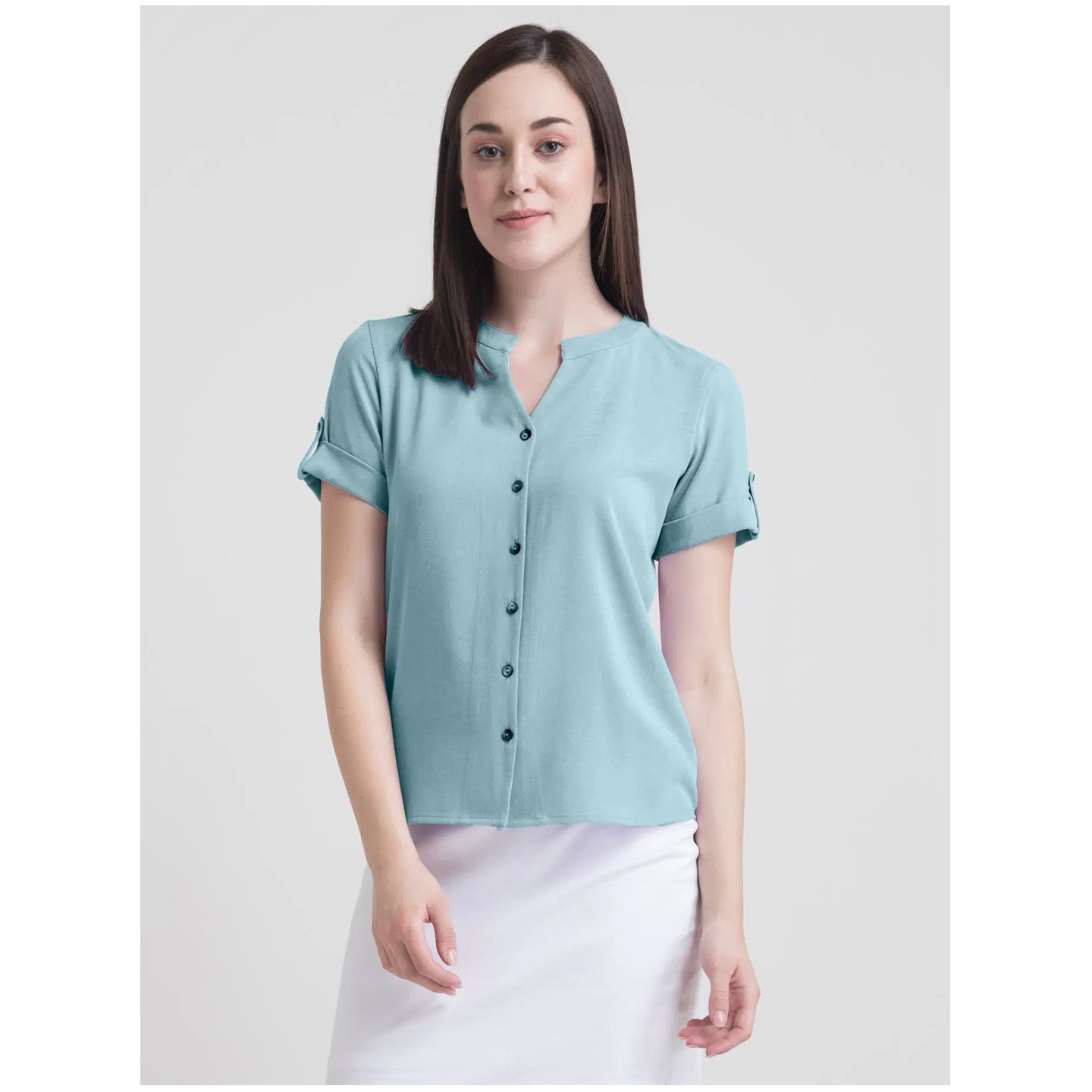 V Neck Button Detail Top - Teal 