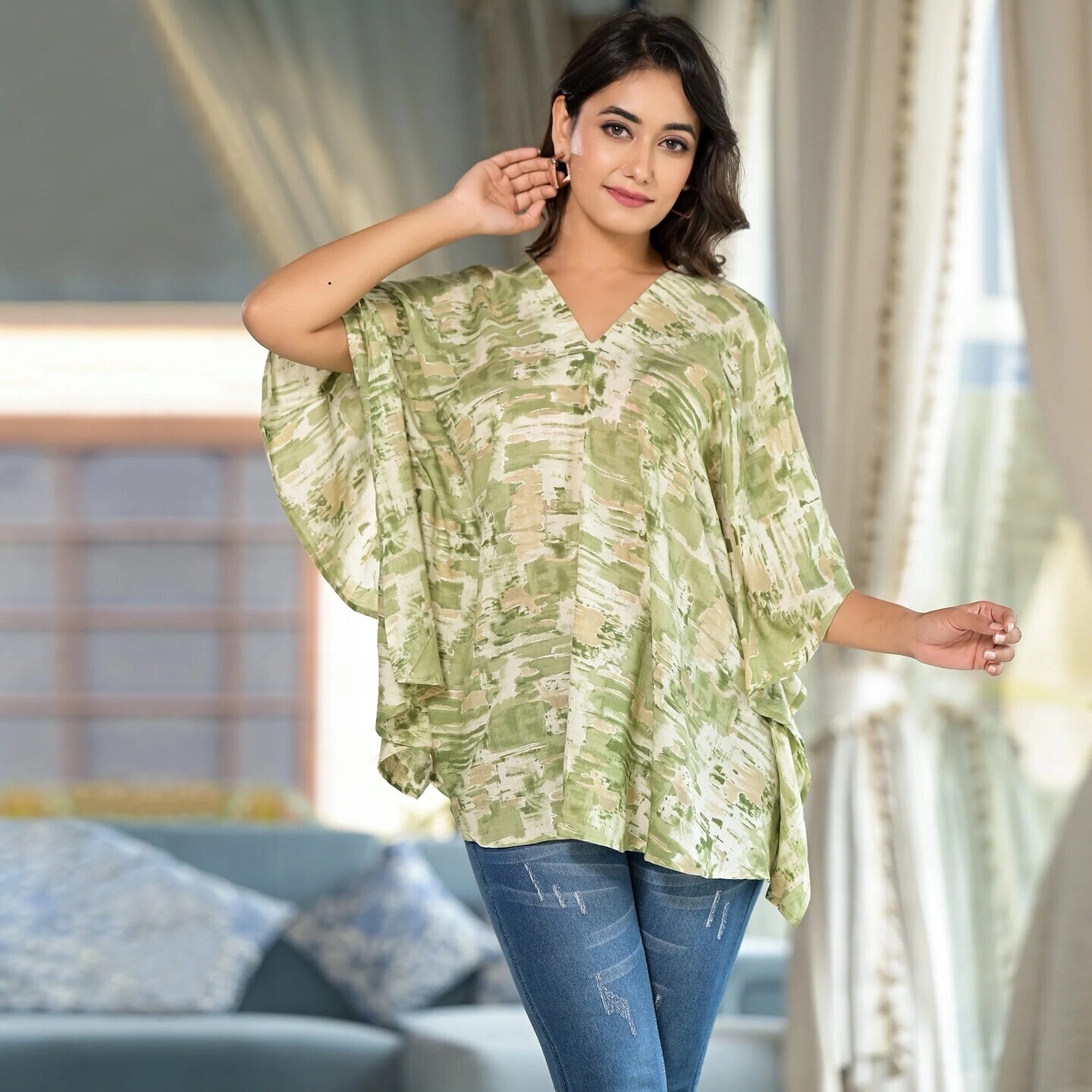 Olive Foil Printed Chanderi Silk Kaftan Top 