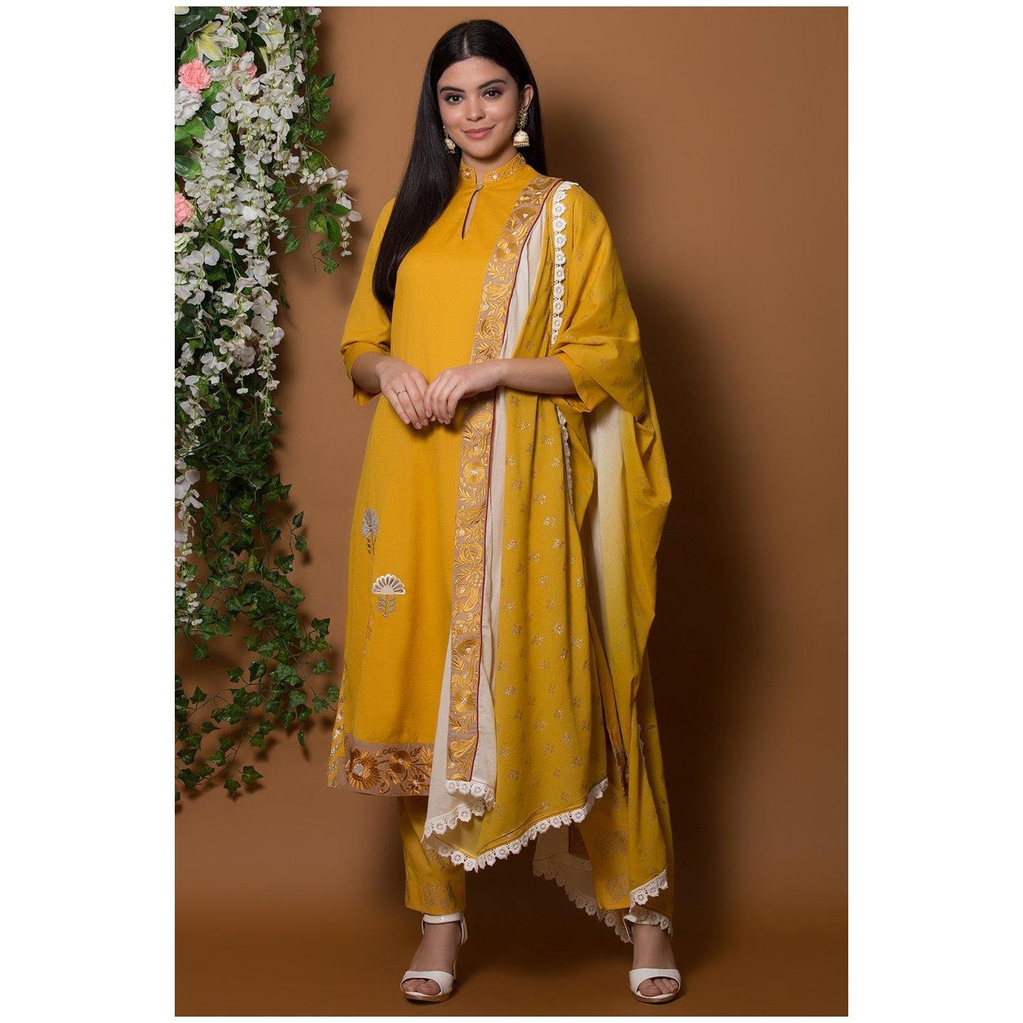 Mustard Straight Suit Set By Anju Modi