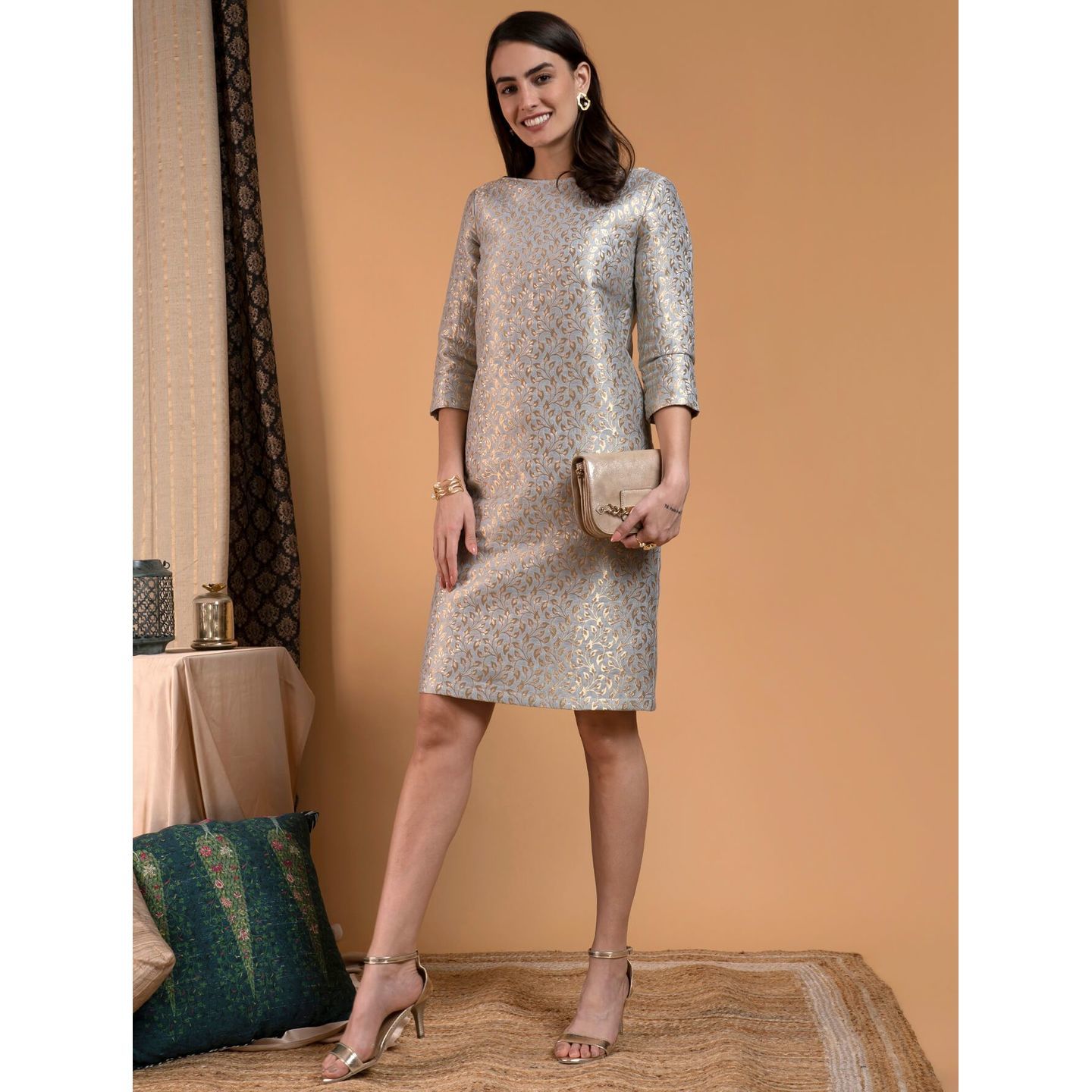 Brocade Shift Dress - Grey & Gold