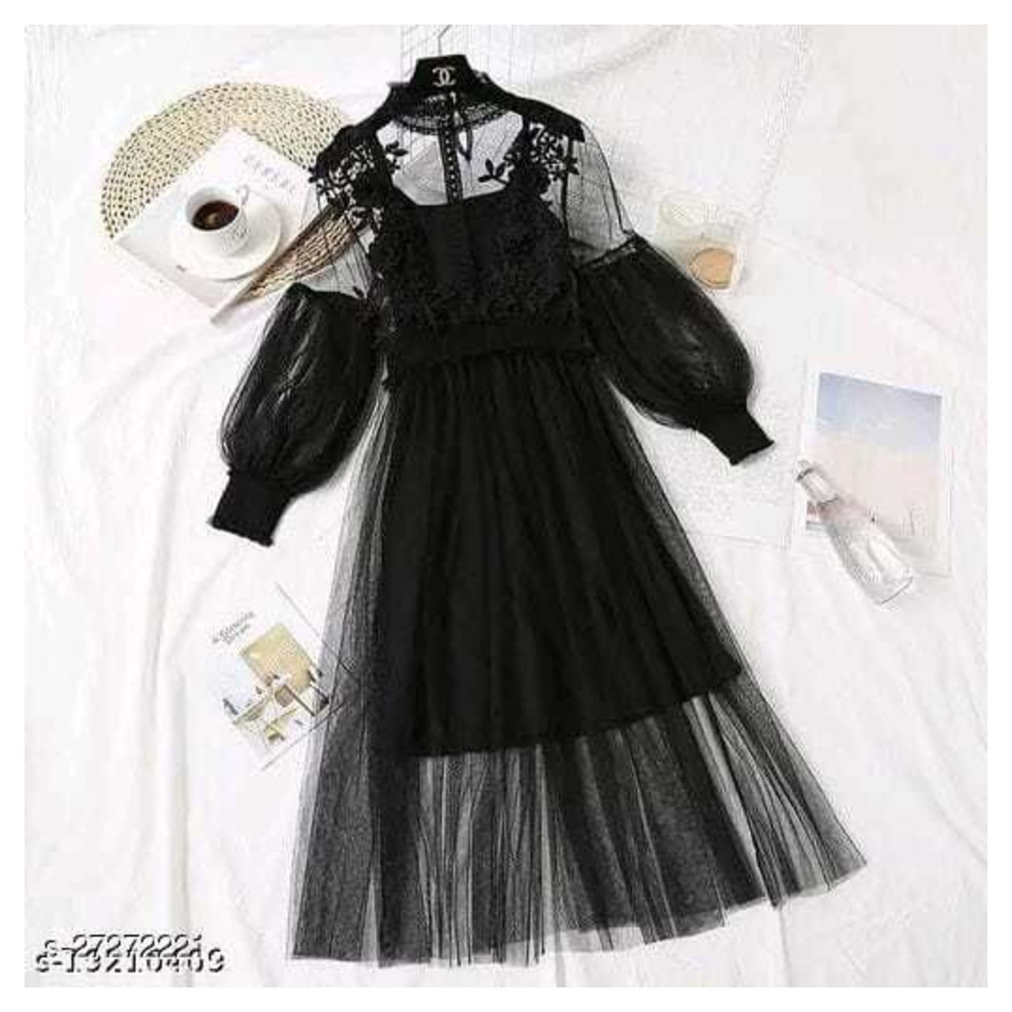 Lace Flowers Dream Gauze Dress Temperament Collar Lantern Sleeve High Waist Dress