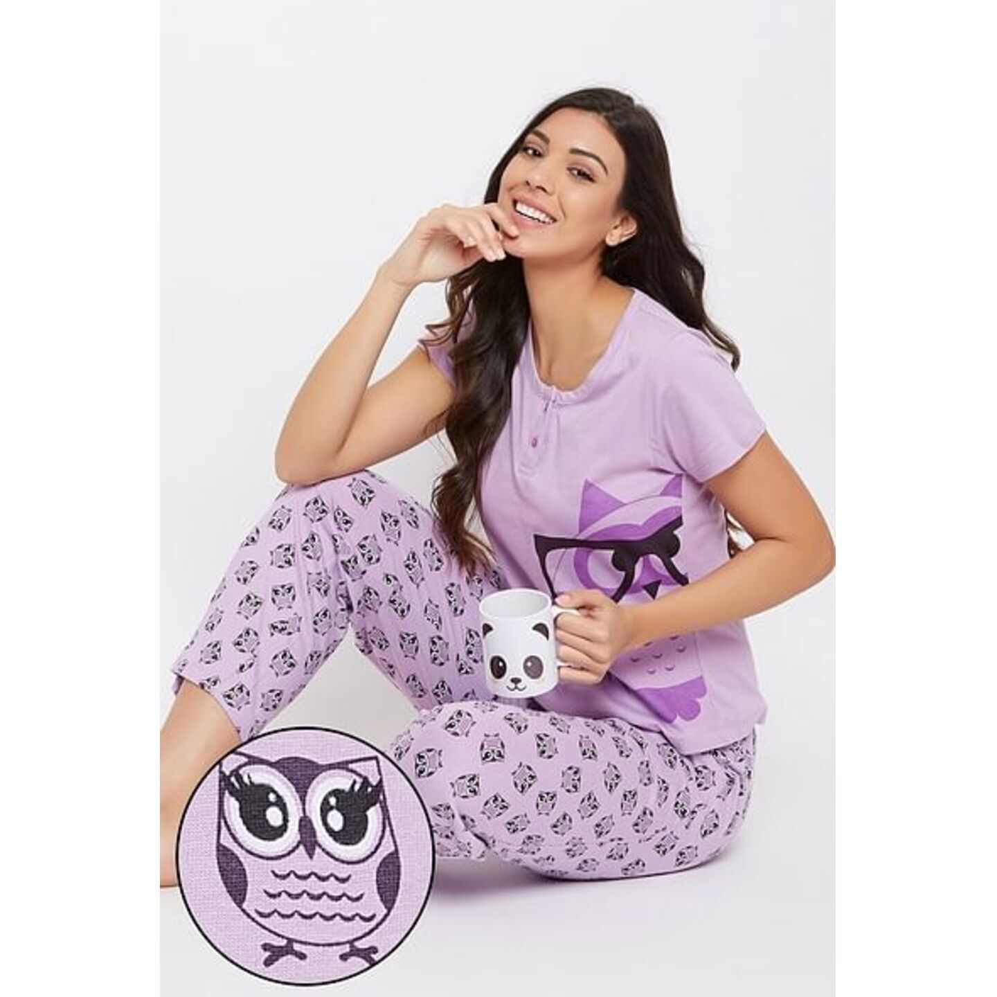 Owl Print Button Down Top & Pyjama Set in Lilac - 100% Cotton 