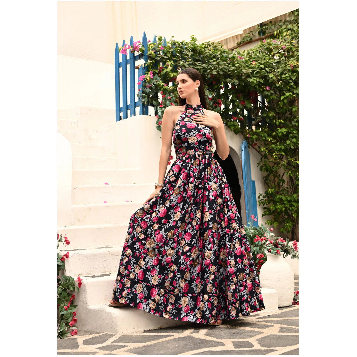 Colleen High Neck Floral Crepe All Occasion Maxi Dress