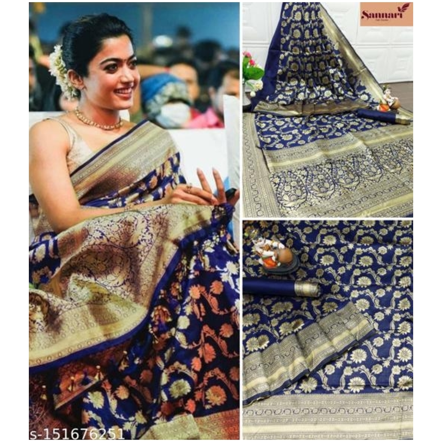 Rashmika Flower Blue Fashionable Banarasi Sarees*