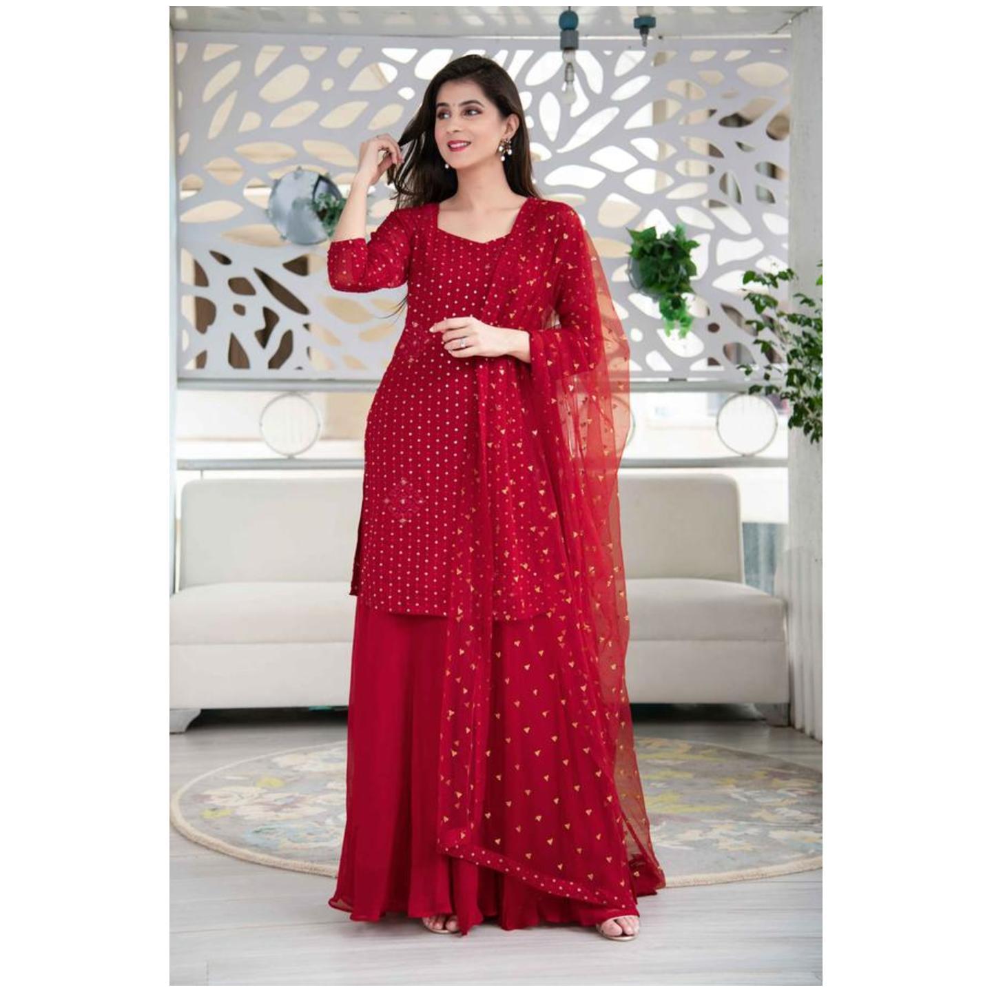 Women's Red Heavy Thread Work Kurta With Palazzo - Label Shaurya Sanadhya