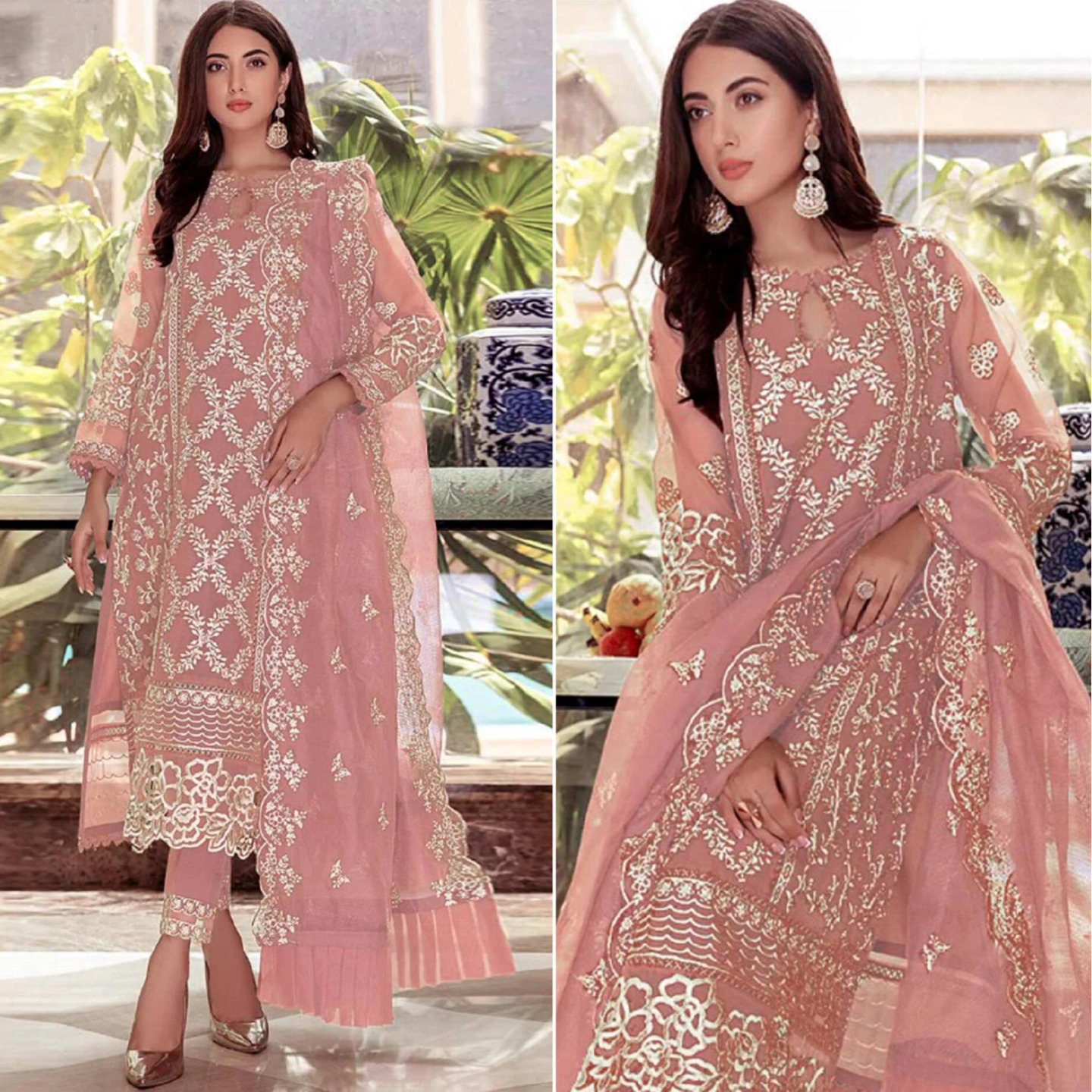 Peach Floral Embroidered Georgette Salwar Suit