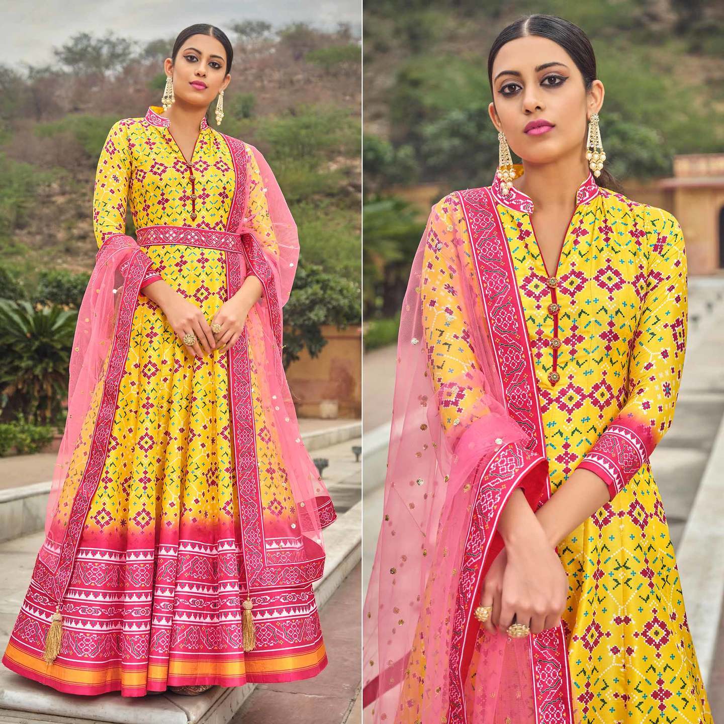 Yellow Patola Digital Printed Dola Silk Gown