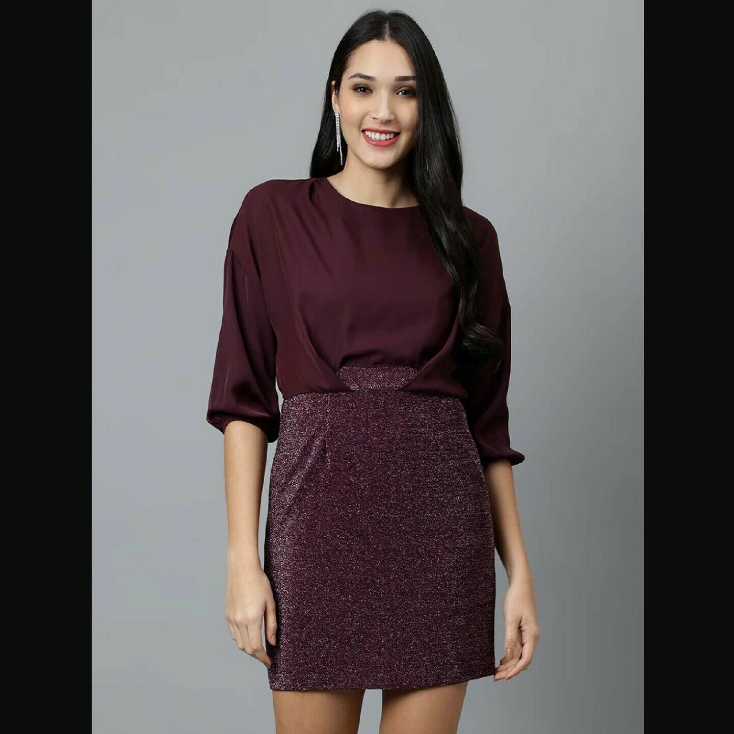 Purple Solid 3/4 Sleeve Party Dress Latine Quarters