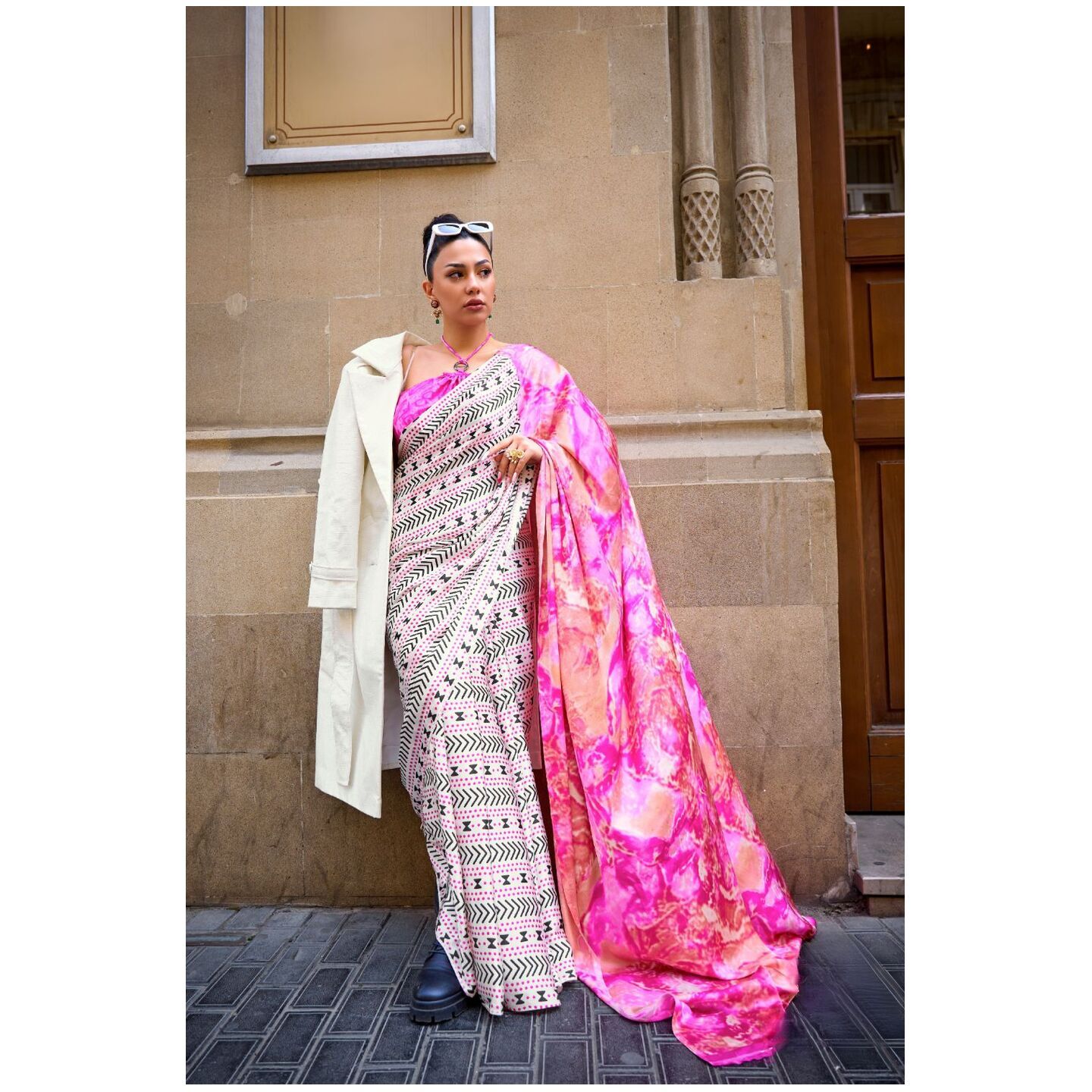 PINK PRINT SATIN CREPE SAREES 