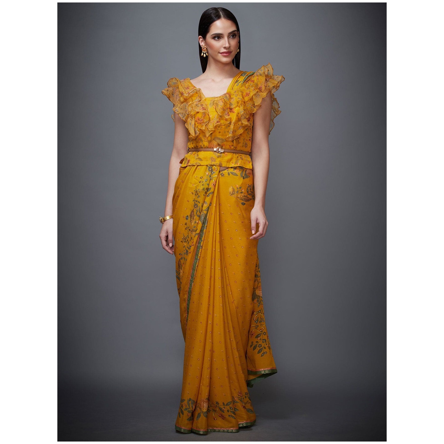 Mustard & Olive Green Ethina Ruffle Saree With Stitched Blouse