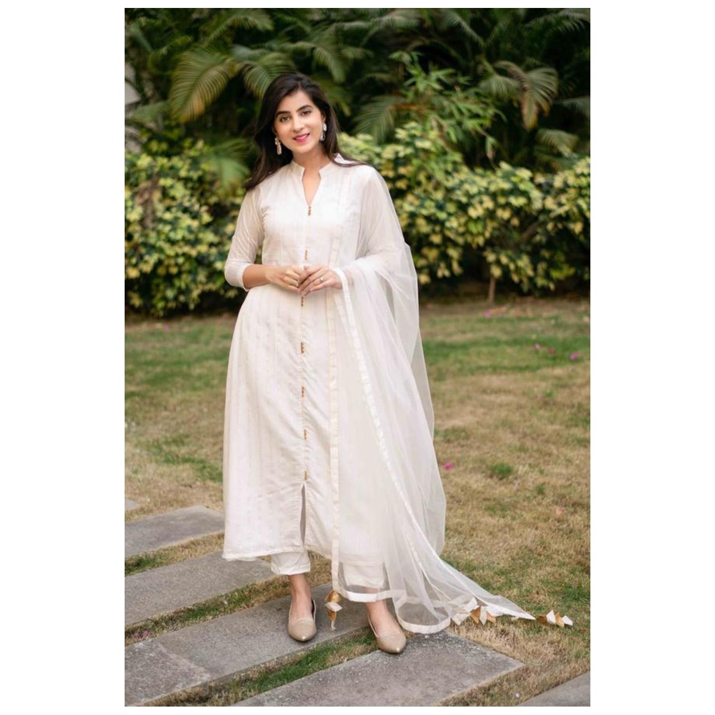 Women's White A-Line Chanderi Kurta Set With Dupatta - 