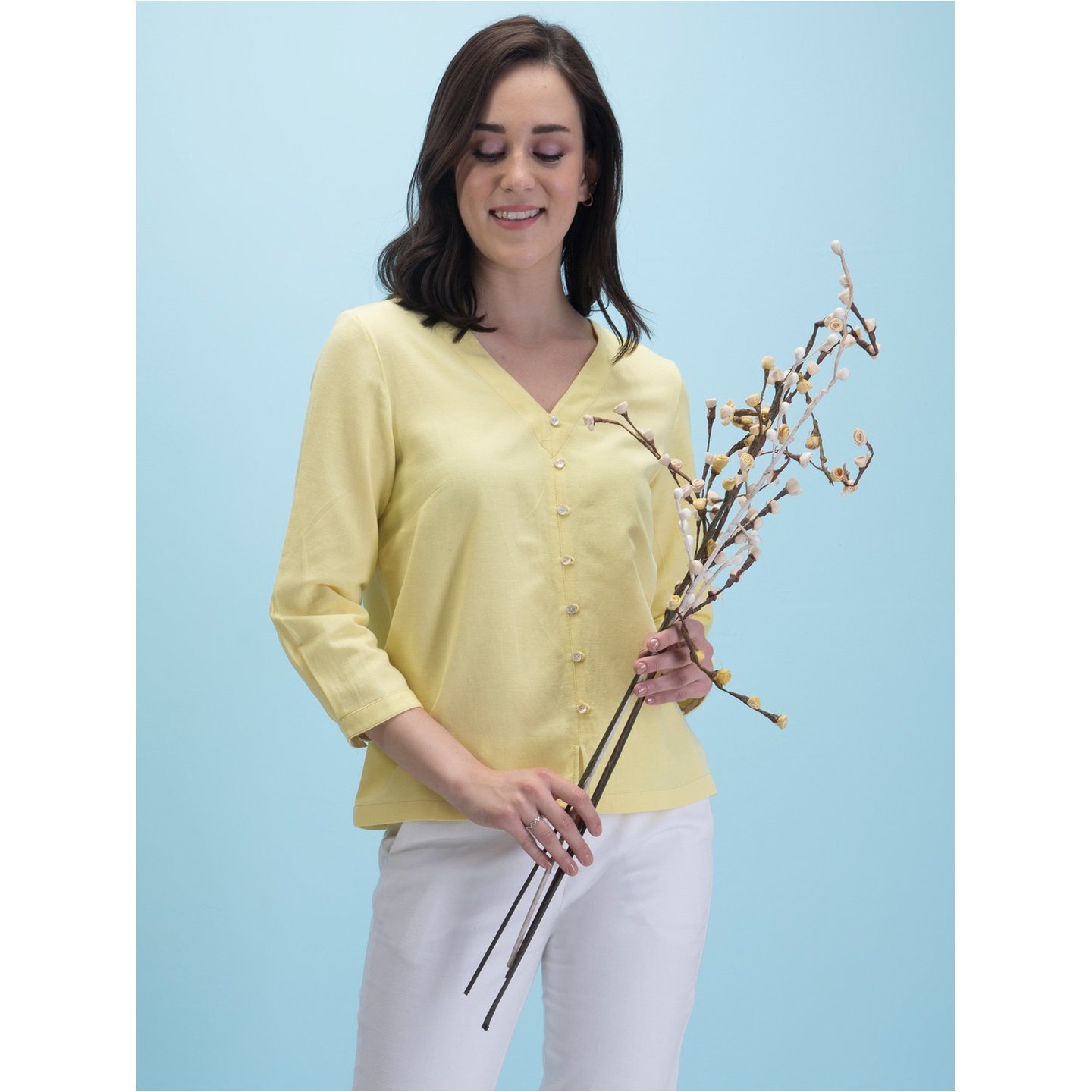 Cotton V Neck Buttoned Top - Yellow