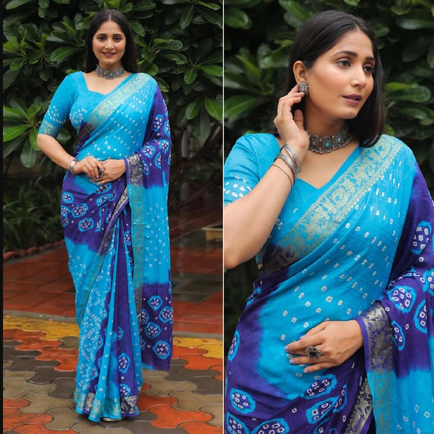 Blue Bandhani Printed With Woven Border Art Silk Saree