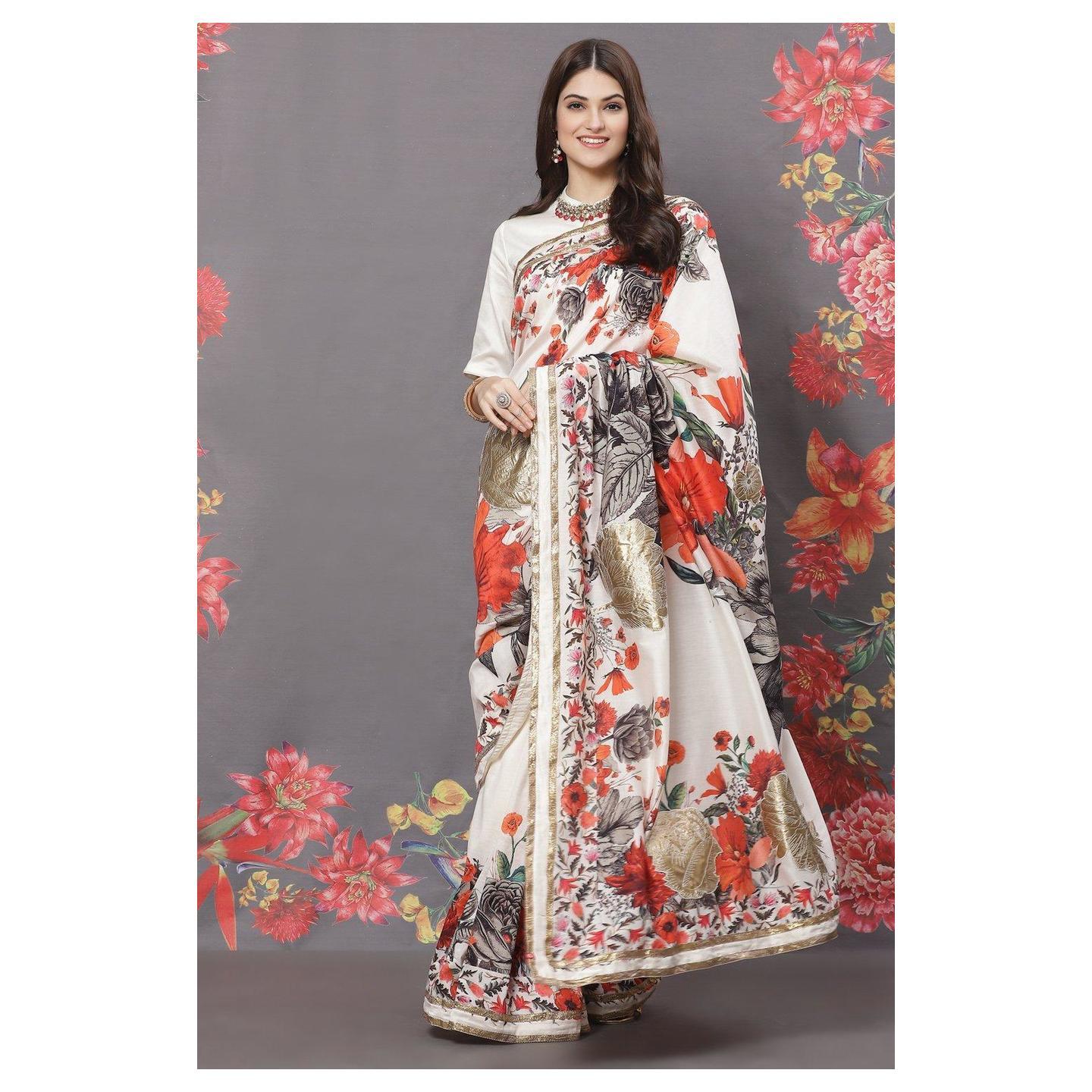 Off White Cotton Silk Straight Sari Suit Set 