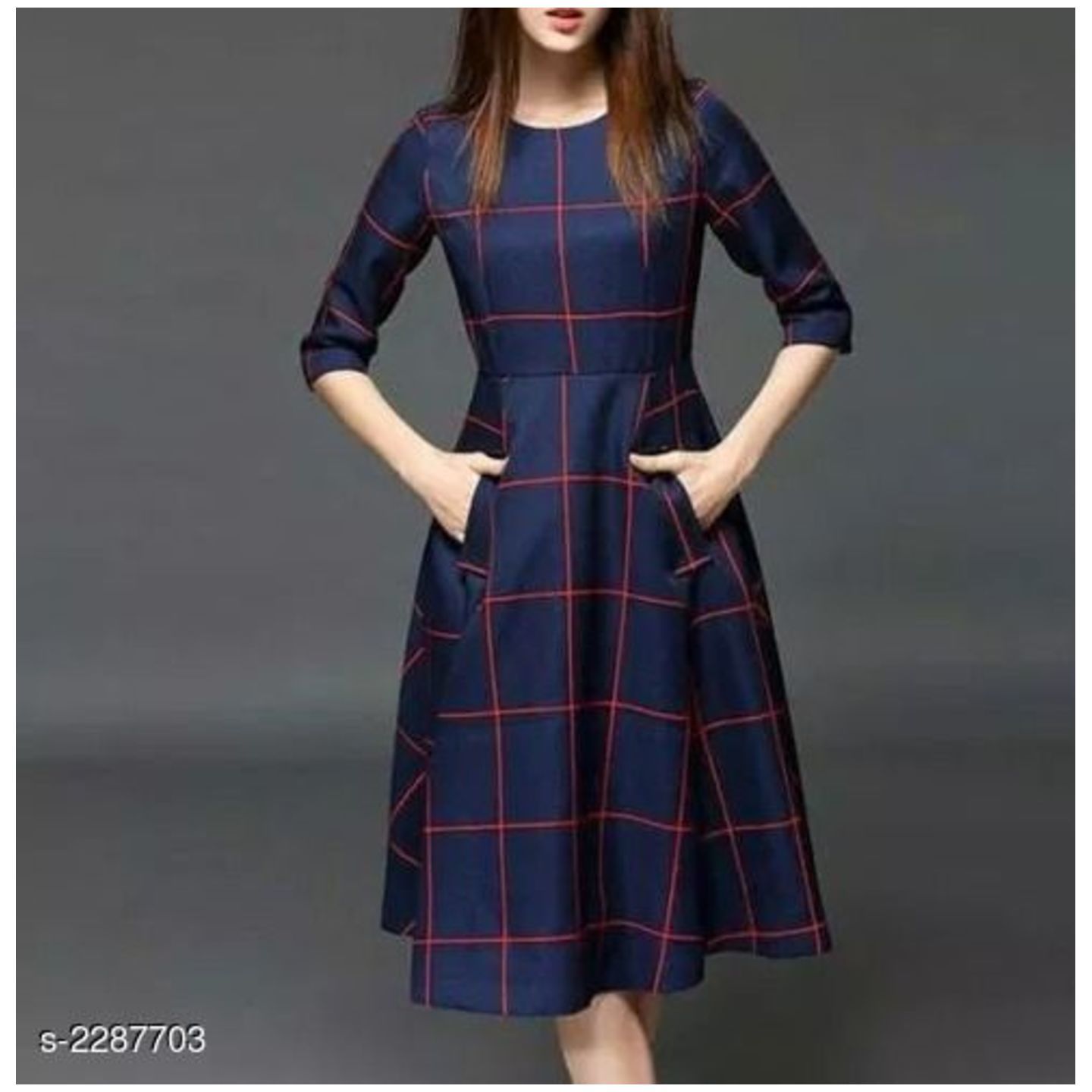 Checked Navy Blue Knee-length Cotton Dress