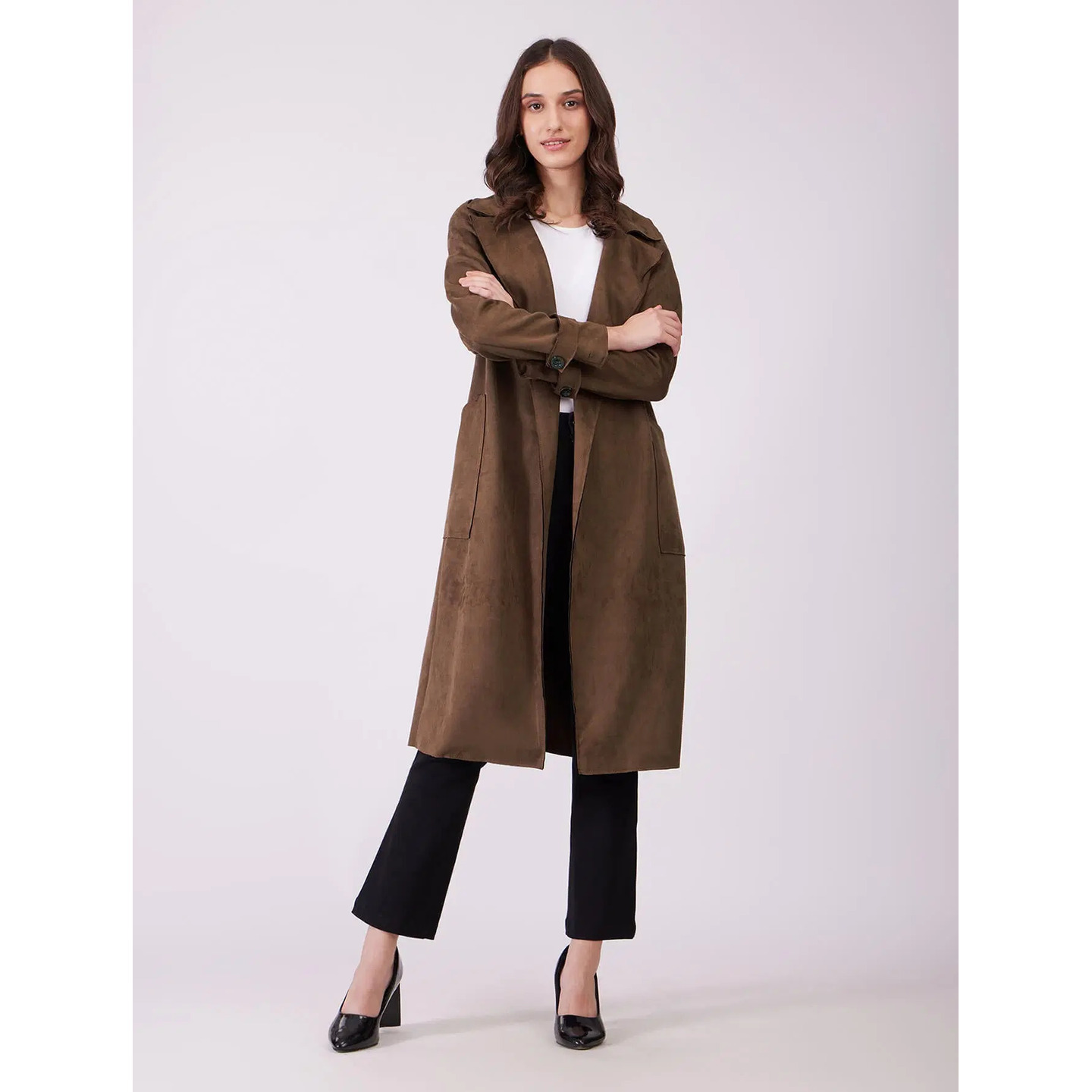 Faux Suede Double Breasted Overcoat - Tan