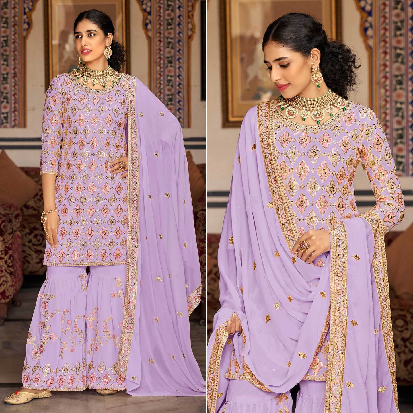 Light Purple Sequins Embroidered Georgette Semi Stitched Suit  Size- Semi Stitched