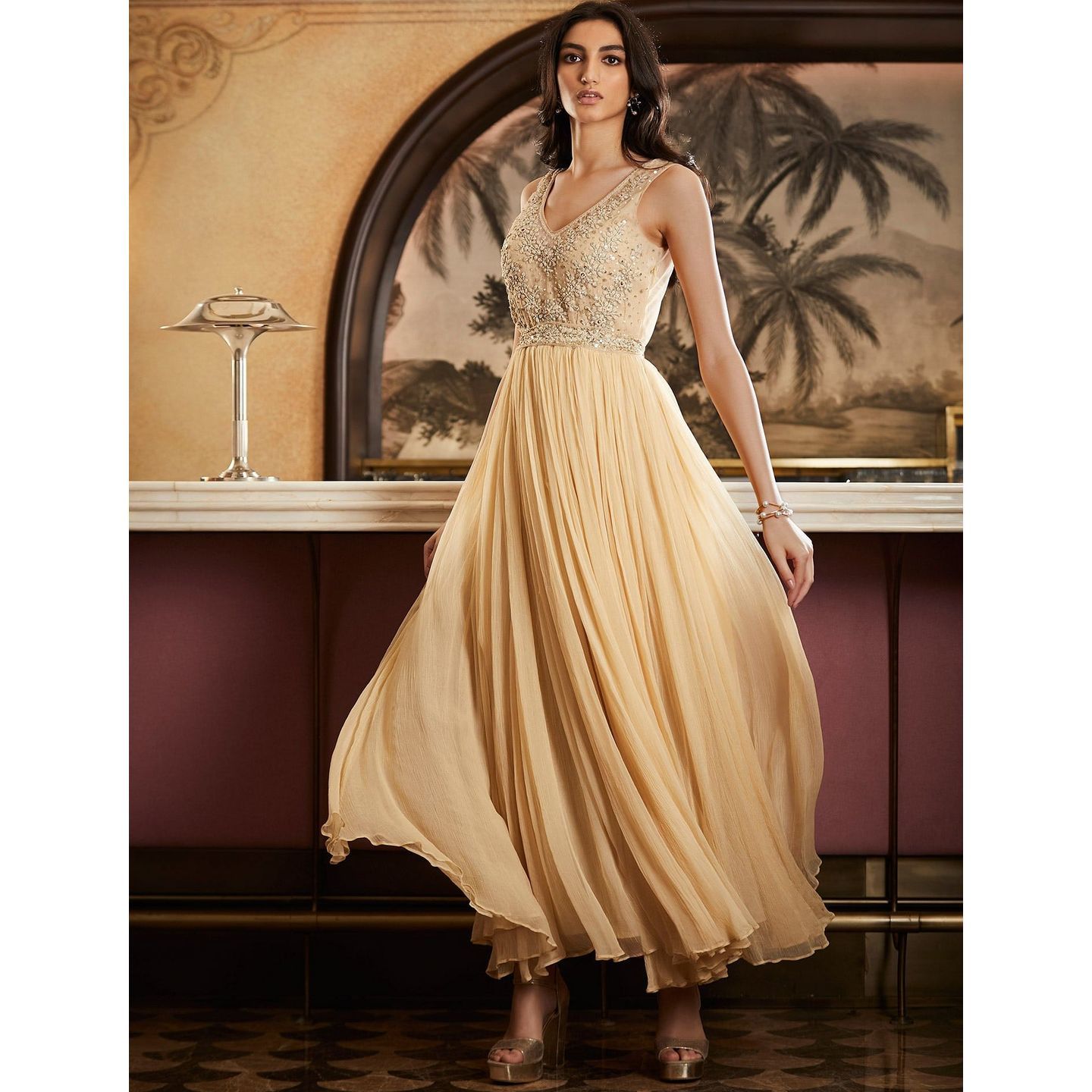 Beige Embroidered Evening Gown