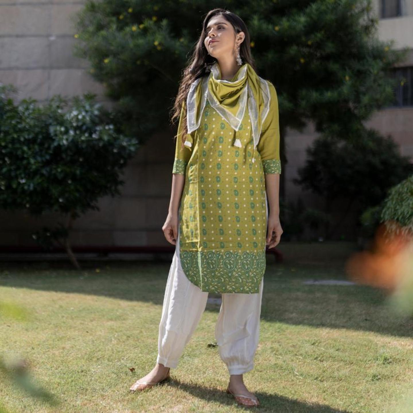 Olive Paisley Round Hem Kurta with Salwaar Pants & Scarf