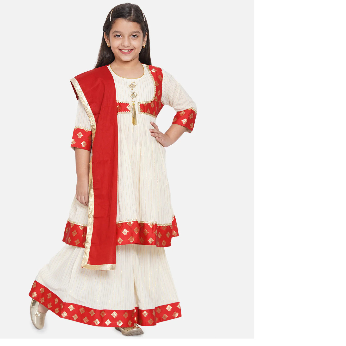 Cotton Blend Brocade Anarkali Kurta & Sharara Set for Girls with Dupatta - Little Bansi Girls